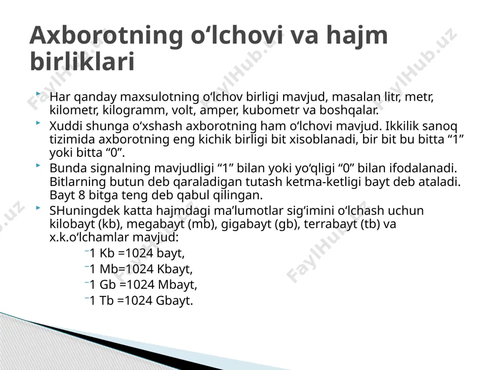 t, mahorat, o’quv ma’nolarini anglatadi. axborot neft, gaz, foydali qazilmalar va boshqalar kabi an’anaviy moddiy zaxira turlari kabi jamiyatning qimmatli zaxiralaridan biridir, demak, uni qayta ishlash jarayonini moddiy zaxiralarni qayta ishlash jarayonlari bilan qiyoslanganda texnologiya sifatida qabul qilinishi mumkin. axborot turlari matn. matn – bu na’lumotlarni ifodalash shakli bo’lib, u mazmunan yagona , yaxlit va tanlangan tilning belgilari ketma-ketligidan iborat. matn – hujjat asosidir tasvir. tasvir – bu biror voqea, hodisa yoki jarayonlarni o’zida ifodalagan rasm bo’laklari va ranglardan iborat ma’lumotdir. foto, manzara, matematik funksiyalar grafigi va shunga o’xshash ma’lumotlar hisoblanadi. animatsiya. animatsiya – ma’lum tezlikda tasvirlarni almashtirish mahsulidir. bunda ma’lum vaqt oralig’ida, ma’lum sondagi bir xil o’lchamga ega bo’lgan tasvirlar tezkor almashtiriladi. axborot texnologiyalarining maqsadi inson tahlil qilishi uchun axborotni ishlab chiqarish va uning asosida biror bir hatti - harakatni bajarish bo’yicha qaror qabul qilishdir. axborot texnologiyasi ob’ekt, jarayon yoki hodisa (axborot mahsuloti)ning holati haqidagi yangi sifat axborotini olish …