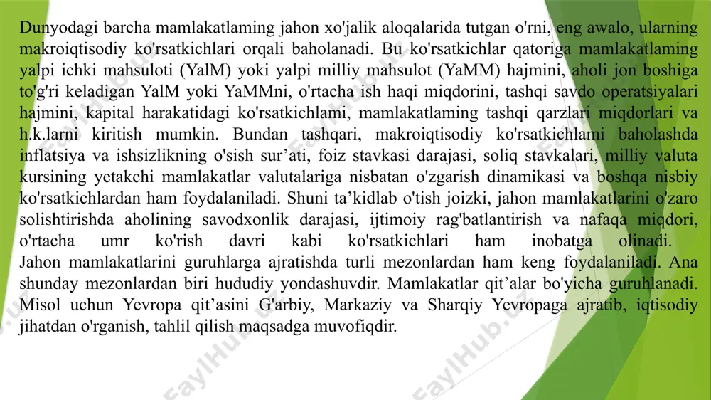 i bilan aniqlanadi. qayd etib o ‘tish joizki, jahon iqtisodiyotida mamlakatning iqtisodiy rivojlanish darajasi — bu tarixiy tushunchadir. milliy iqtisodiyotning yoki jahon hamjamiyatining har bir rivojlanish bosqichi uning asosiy ko‘rsatkichlariga u yoki bu darajadagi o'zgarishlami kiritib turadi. aholi jon boshiga to'g'ri keladigan yalm yoki yamm miqdori iqtisodiy rivojlanish darajasini aniqlashdagi eng muhim ko'rsatkichdir. jahon mamlakatlarini rivojlanayotgan yoki rivojlangan mamlakatlar qatoriga kiritishda ana shu ko’rsatkichlar muhim rol o'ynaydi. jahon iqtisodiyotida aholi jon boshiga to'g'ri keladigan asosiy mahsulot turlarini ishlab chiqarilishi jahon iqtisodiyotida aholi jon boshiga to'g'ri keladigan asosiy mahsulot turlarini ishlab chiqarilishi ham mamlakat iqtisodiy rivojlanish darajasini aniqlashda muhim ahamiyat kasb etadi. bunda, eng awalo, aholi jon boshiga to'g'ri keladigan elektroenergiya mahsulotlarini ishlab chiqarish muhim hisoblanadi. chunki elektroenergiya boshqa barcha ishlab chiqarish korxonalarining rivojlanishi asosidir. bu ko'rsatkich bo'yicha rivojlangan va rivojlanayotgan mamlakatlar o'rtasidagi nisbat 500:1, ba’zan bundan ham yuqori bo'lishi ham mumkin. jahon iqtisodiyotida elektroenergiyadan tashqari sanoat mahsulotlari ichida muhim ahamiyat …