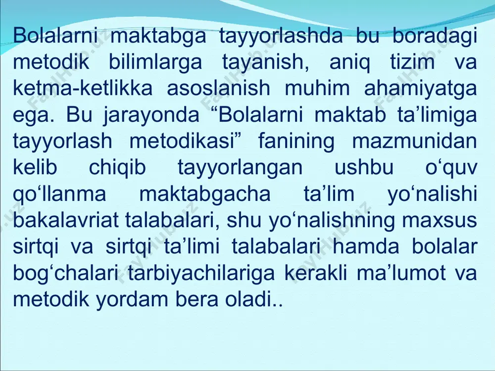 rivojlanishda muayyan darajaga erishgan bo‘lishi kerak. maktabgacha ta’limning asosiy vazifalari quyidagilar deb belgilanadi: bolalarni xalqning boy milliy, madaniy tarixiy merosi va umumbashariy qadriyatlar asosida aqliy va ma’naviy-axloqiy jihatdan tarbiyalash; bolalarda milliy g‘urur, vatanparvarlik hislarini shakllantirish; maktabgacha yoshdagi bolalarda bilim olish ehtiyojini, o‘qishga intilish mayllarini shakllantirib, ularni muntazam ravishdagi ta’lim jarayoniga tayyorlash; bolalarning tafakkurini rivojlantirish, o‘zining fikrini mustaqil va erkin ifodalash malakalarini shakllantirish. bolalarning jismoniy va ruhiy sogligini ta’minlash kabilarni o‘z oldiga maqsad qilib belgilaydi. maktabgacha ta’lim tashkilotlari lari ularning yo‘nalishlariga ko‘ra quyidagi turlarga bo‘linadi: davlat maktabgacha ta`lim tashkilotlari; nodavlat maktabgacha ta`lim tashkilotlari ; qo`shma tipdagi maktabgacha ta`lim tashkilotlari ; ko`p tarmoqli ixtisoslashtirilgan maktabgacha ta`lim tashkilotlari. maktabgacha ta’lim tashkilotlari lari ularning yo‘nalishlariga ko‘ra quyidagi turlarga bo‘linadi: davlat maktabgacha ta`lim tashkilotlari; nodavlat maktabgacha ta`lim tashkilotlari ; qo`shma tipdagi maktabgacha ta`lim tashkilotlari ; ko`p tarmoqli ixtisoslashtirilgan maktabgacha ta`lim tashkilotlari. pedagogika, psixologiya fani aqliy tarbiya vazifalarini samarali hal etish, birinchi navbatda, bolaning imkoniyatlarini to‘g‘ri …