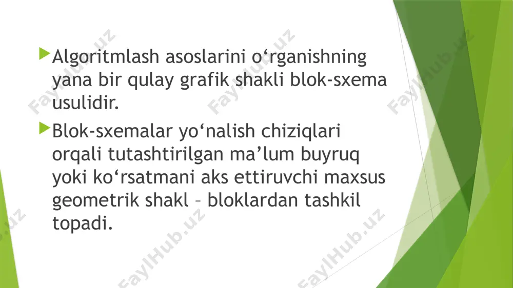 higa qarab turli tarmoqlar bo‘yicha davom ettirilsa va hisoblash jarayonida har bir tarmoq faqat bir marta bajarilsa, bunday hisoblash jarayonlariga tarmoqlanuvchi algoritmlar deyiladi. tarmoqlanuvchi struktura, odatda, qandaydir mantiqiy shartni tekshirish blokini o‘z ichiga oladi. misol. berilgan ikkita a va b sonlardan kichigini topish algoritmini tuzing: takrorlanuvchi algoritm deb, biron bir shart tekshirilishi yoki qandaydir parametrning har xil qiymatlari asosida algoritmda takrorlanish yuz beradigan jarayonlarga aytiladi. takrorlanuvchi algoritmlar “i=i+1”, “s=s+i” yoki “p=p*i” ko‘rinishidagi ko‘rsatmalarning ishtiroki bilan ajralib turadi (* – ko‘paytirish amali). misol. 5 dan 49 gacha bo‘lgan toq sonlar ko‘paytmasini, ya’ni p=5*7*9*…*49 ni hisoblash algoritmini tuzing. image1.png image2.png image3.png image4.png image5.png image6.png image7.png image8.png /docprops/thumbnail.jpeg