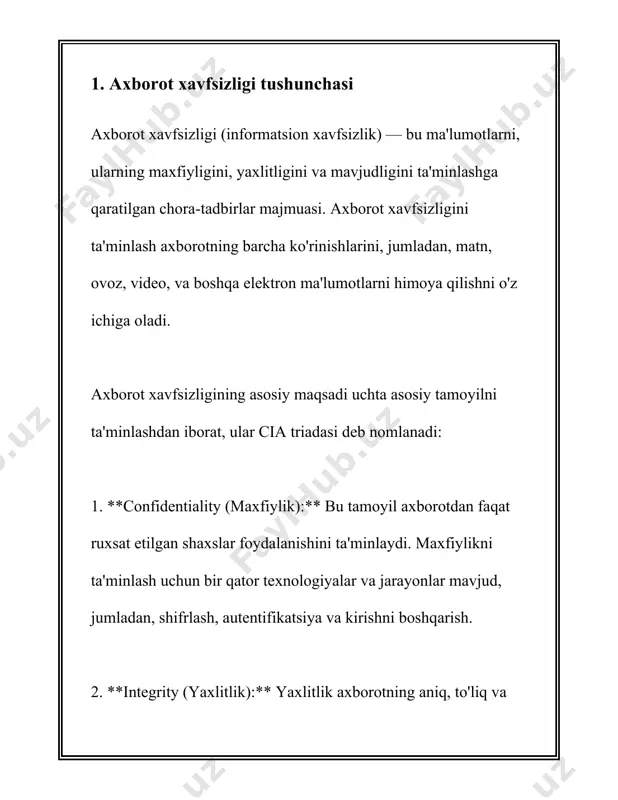 gulation) qonunini qabul qilgan bo'lib, bu shaxsiy ma'lumotlar himoyasiga qat'iy talablar qo'yadi. axborot xavfsizligi kompleks chora-tadbirlarni talab qiladi va u istalgan tashkilotning ajralmas qismi bo'lishi kerak. rentgenlangan tahdidlar va kiberhujumlar davrida axborot xavfsizligini sinchiklab rejalashtirish va amalga oshirish bugungi kunning eng dolzarb masalalaridan biridir. 2. axborot xavfsizligi strategiyalari axborot xavfsizligi strategiyalari butun dunyo bo'ylab kompaniyalar va tashkilotlar uchun muhim masala hisoblanadi. ushbu strategiyalarni ishlab chiqishning asosiy maqsadi ma'lumotlarning maxfiyligini, butunligini va mavjudligini ta'minlashga qaratilgan. quyida axborot xavfsizligi strategiyalari haqida muhim ma'lumotlar keltiriladi. birlamchi maqsad axborot xavfsizligini kafolatlash uchun strategiyalarni aniq belgilashdir. odatda, axborot xavfsizligi strategiyalari uch asosiy elementni o'z ichiga oladi: maxfiylik, butunlik va mavjudlik. maxfiylikni ta'minlash ma'lumotlarni faqat ruxsat etilgan shaxslar ko'rishi yoki o'qishi mumkin bo'lishini anglatadi. butunlik ma'lumotlarning ishonchliligi va aniqligini ta'minlashni anglatadi. mavjudlik esa ma'lumotlarga kerak bo'lganda kirish imkoniyatini ta'minlaydi. 2020-yilda dunyo bo'ylab kiberyurishlar soni sezilarli darajada oshdi. nishonga olinayotgan tashkilotlarning 39 foizi ichki hujumlar tufayli zarar …