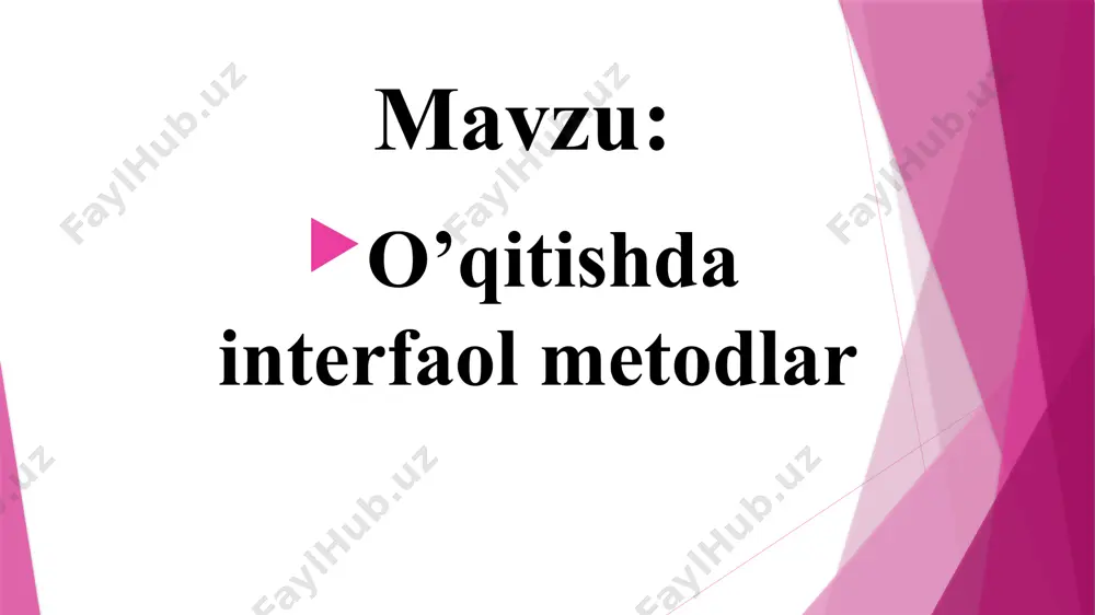 hlari va o'qituvchi bilan o'zaro munosabatda bo'lishadi. ishtirok etish: talabalarni faqat passiv ma'lumot olishdan ko'ra, o'z hissalarini qo'shishga, savollar berishga va mavzularni muhokama qilishga undash. foydalanilgan adabiyotlar 1. https://www.google.com/search?q=o%27qishda+interfaol+metodlar&sca_esv=585997234&tbm=isch&sxsrf=am9 2. https://w.google.com/search?q=dars+jarayonini+tashkil+qilish&oq=dars&gs_lcrp=egzjahjvbwuqcagaeeuyjxg7m 3. https://www.wikipedia.org / malumotlaridan foydalanildi. e’tiboringgiz uchun rahmat!!! image1.png image2.png image3.png image4.png image5.png image6.png image7.png /docprops/thumbnail.jpeg