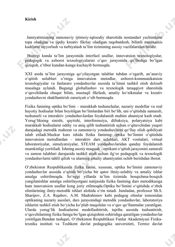 n, r. guk, f. grimaldi, x. gyuygens va boshqalarning ishlari bilan bogʻliq. xi asrda arab olimi ibn al-haysam (algazen) o. toʻgʻrisida risola yozgan boʻlsada, yorugʻlikning sinishi qonunini ifodalay olmagan. faqat 1620-yillarda bu qonunni tajriba yoʻli bilan golland olimi v. snellius va r. dekart isbotladi. xvii asrdan yorugʻlik haqida korpuskulyar va toʻlqin nazariyalar paydo boʻla boshladi. yorugʻlik korpuskulyar (zarra) nazariyasining targʻibotchisi x. gyuygens edi. yorugʻlikning toʻlqin tabiati haqidagi tasavvurlar m. lomonosov va l. eyler tomonidan rivojlantirildi. 19-asr boshlarida ingliz olimi t. yung va o. frenel ishlari yorugʻlik toʻlqin nazariyasining uzil-kesil gʻalabasiga olib keldi. o. frenel kristallooptika hodisalariga toʻlqin nazariyasini qoʻlladi. t. yung yorugʻlik interferensiyasi hodisasini kuzatdi. bu hodisa yorugʻlik toʻlqin tabiatiga ega ekanligini koʻrsatdi. o. frenel yorugʻlik interferensiyasi asosida yorugʻlikning toʻgʻri chiziq boʻylab tarqalishini, turli difraksiya xrdisalarini va boshqalarni tushuntirdi. yorugʻlikning sinishi va qaytishida yorugʻlikning qutblanishini fransuz olimi e. malyus kuzatdi (1808) va fanga „yorugʻlikning qutblanishi“ terminini kiritdi. m. faradey yorugʻlik …