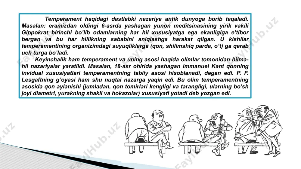 bolalarda o’yin xarakteridagi amaliy masalalarni yechishdayoq ko’rina boshlaydi. temperament tiplarining psixologik tavsifi quyidagi muhim xususiyatlar yordamida aniqlanishi mumkin: 1.senzitivlik. (lotincha-sensus, sezish, huz qilish) insonda bironta psixik reaksiyani hosil qlish uchun zarur o'ta kuchsiz sezgilarning paydo bo'lishi uchun kerak qo'zg'ovchining ozgina kuchi, ehtiyojlar qondirrnasligining sezilar-sezilmas darajasi mujjassamlashadi: 2.reakiivlik. aynan bir hil kuch bilan tasir etuvchi tashqi va ichki ta'surolarga shaxs qanday kuch bilan emotsional reaksiya qilishiga qarab munosabat bildiriladi. reaktivning yorqin ro'yohga chiqishi - emotsionallik, ta'sirlanuvchanlikning ifodalanishidir. 3.faollik. tnson qanday faollik darajasi bilan tashqi olamga ta'sir ko'rsatishi va maqsadlarini amalga oshirishda obektiv hamda subektiv qarama-qarshiliklarni faollik bilan yengishiga qarab fikr yuritiladi. 4.reaktivlik bilan faollikning o'zaro munoxahati. bunda odamning faoliyati ko'p jihatdan nimaga bog'iikligiga qarab, masalan, tashqi va ichki sharoitlarga (kayfiyatga, favqulotda holatda) yoki maqsadiarga, ezgu niyatlarga, hohish-intiluvchilarga ko'ra fikr bildirish nazardatutiladi. 5.reaksiya tempi. psixik reaksiyalar va jarayonlaming kechish tezligiga, binobarin harakat tezligiga, nutq suratida, farosatlilikga, aql tezligiga asoslanib xulosa chiqariladi. 6.harakatlaming …