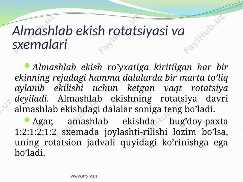 , beda-paxta almashlab ekish tizimida ham meliorativ yoki chiqarilgan dalani qo’llash mumkin. masalan 10 dalali almashlab ekishda bitta dalaga beda ekiladi, qolgan to’qqizta dalaga 1:2:1:2:1:2 sxemada bug’doy va paxta ekiladi. beda uch yildan keyin haydalib almashlab ekishga qo’shiladi. uning o’rniga hosildorligi pasaygan bitta dala almashlab ekishdan chiqaziladi. yem-xashak almashlab ekish. yem-xashak ekinlari hozirgi davrda asosan don va texnika ekinlarini navbatlab ekish tizimiga kiritilgan. ferma oldi yem-xashak almashlab ekish ancha samarali hisoblanadi. ekinlarning tarkibi bo’yicha ferma oldi almashlab ekish o’t-qator oralari ishlanadigan, don-o’t-qator oralari ishlanadigan, don-qator oralari ishlanadigan va qator oralari ishlanadigan xillarga bo’linadi. www.arxiv.uz almashlab ekish klassifikatsiyasi o’t-qator oralari ishlanadigan almashlab ekishda ko’p yillik o’tlar va bir yillik yem-xashak (so’dan o’ti, makkajo’xori) ekinlari boshqa almashlab ekishda arpa, suli, javdar, xashaki lavlagi kabi ekinlar ekiladi. qator oralari ishlanadigan ekinlar ekiladigan almashlab ekishda asosiy maydonni yoki hamma dalani qator oralari ishlanadigan ekinlar egallaydi. bu ekinlar ikki yil va undan ortiq bir dalada …