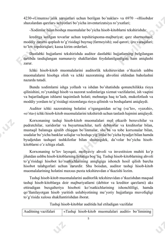 a’minotga doir hisob-kitoblarni tekshirishda: «ijtimoiy sug’urta jamg’armasi mablag’lari bo’yicha hisob-kitoblar vedomosti» (f. 4-isj), «ro’yxatga olinganlik to’g’risidagi ma’lumotlari», «sug’urta qildiruvchiga xabarnoma», «ijtimoy sug’urta jamg’armasiga o’tkazilgan badallar hisobidan pensiya va nafaqalarni to’lash bo’yicha vedomost»; -hisobdor shaxslar bilan hisob-kitoblarni tekshirishda: bo’nak (avans) hisoboti; xizmat safari guvohnomasi; xizmat safariga boruvchi va keluvchi xodimlarni ro’yxatga olish daftari; 4220-«xizmat safari uchun berilgan bo’naklar», 4230-«umumxo’jalik xarajatlari uchun berilgan bo’naklar» va 6970 –«hisobdor shaxslardan qarzlar» schyotlari bo’yicha inventarizatsiya ro’yxatlari; -xodimlar bilan boshqa muomalalar bo’yicha hisob-kitoblarni tekshirishda: kreditga sotilgan tovarlar uchun topshiriqnoma-majburiyat; qarz shartnomasi; moddiy zararni qoplash to’g’risidagi buyruq (farmoyish); sud qarori; ijro varaqalari; to’lov topshiriqlari; kassa kirim orderlari. dastlabki hujjatlarni tekshirishda auditor dastlabki hujjatlarning belgilangan tartibda tasdiqlangan namunaviy shakllaridan foydalanilganligini ham aniqlashi zarur. ichki hisob-kitob muomalalarini auditorlik tekshiruvidan o’tkazish ushbu muomalalarni hisobga olish va ichki nazoratning ahvolini oldindan baholashni nazarda tutadi. bunda xodimlarni ishga yollash va ishdan bo’shatishda qonunchilikka rioya qilinishini, ro’yxatdagi hisob va nazorat xodimlariga xizmat vazifalarini, …