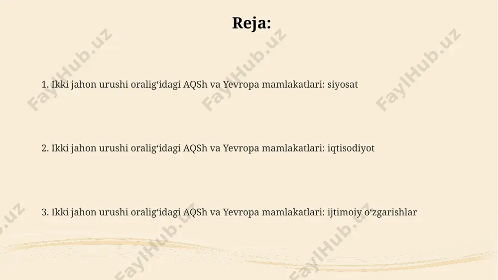 1933-yilga kelib 30% ga kamaydi, lekin keyinchalik "new deal" dasturlari tufayli tiklana boshladi. 1920-yillar oxiridagi jahon iqtisodiyotidagi inqiroz germaniya, buyuk britaniya va frantsiyaga qattiq ta'sir koʻrsatib, ularning sanoati va qishloq xoʻjaligi sohalarida katta qiyinchiliklarga olib keldi. 1930-yillarda yevropaning bir qator mamlakatlari, jumladan, italiya va germaniya, avtoritar rejimlarni qabul qilib, iqtisodiyotni markazlashtirish va militarizatsiya yoʻliga oʻtishdi, bu esa keyinchalik ikkinchi jahon urushiga olib keldi. e'tiboringiz uchun rahmat @taqdimot_robot