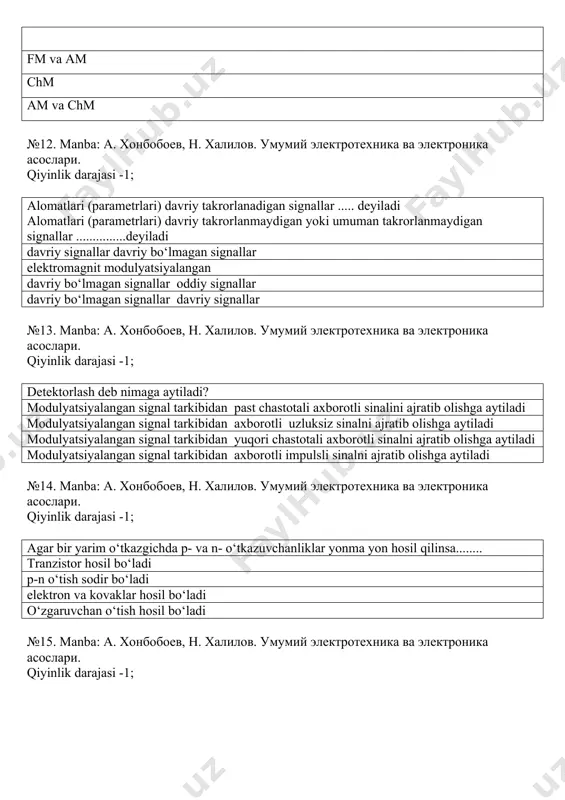 uqori chastotali yuqori va rezonans chastotali past va rezonans chastotali oraliq va rezonans chastotali №20. manba: а. хонбобоев, н. халилов. умумий электротехника ва электроника асослари. qiyinlik darajasi -2; kuchaytirish kaskadi (bosqichi) deb nimaga aytiladi: bitta kuchaytiruvchi aktiv elementdan (tranzistor) iborat bo‘lgan qurilmaga aytiladi bitta kuchaytiruvchi aktiv elementdan (dio iborat bo‘lgan qurilmaga aytiladi bitta kuchaytiruvchi aktiv elementdan (tiristorr) iborat bo‘lgan qurilmaga aytiladi bitta kuchaytiruvchi aktiv elementdan (mikrosxem iborat bo‘lgan qurilmaga aytiladi №21. manba: а. хонбобоев, н. халилов. умумий электротехника ва электроника асослари. qiyinlik darajasi -1; kuchaytirgichning quvvat bo‘yicha kuchaytirish koeffitsienti ifodasini toping? №22. manba: а. хонбобоев, н. халилов. умумий электротехника ва электроника асослари. qiyinlik darajasi -1; analitik - aniqlangan signal deb nimaga aytiladi? o‘zgarishi vaqt bo‘yicha aniq funkstiya ko‘rinishida ifodalanishi mumkin bo‘lgan signallarga aytiladi vaqt bo‘yicha o‘zgarmas funkstiya ko‘rinishida ifodalanishi mumkin bo‘lgan signallarga aytiladi ham vaqti, ham qiymat bo‘yicha sathlarga ajratilgan signallarga aytiladi o‘zgarishi vaqt bo‘yicha analitik funkstiya ko‘rinishida ifodalanishi mumkin …