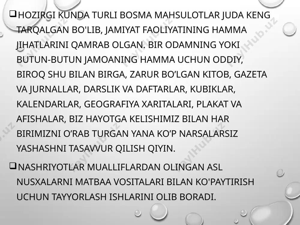element), bosiluvchi maydonlar esa ochiq qoldiriladi. hozirda shelkografiya usulida yorug‘likka sezgirlashtirilgan maxsus setka ishlatiladi. tasvirli plyonkani yopishtirish oqibatida oraliq elementlar mahkamlanadi, bosiluvchi elementlar esa yuvilib setkadan bo‘yoqni o‘tishini ta’minlab beradi. olinayotgan nusxa sifati to‘rdagi katakchalarni katta-kichikligiga bog‘liq. termografik bosish usuli termograf usuli quyidagilardan iborat: bosilgan varaq hali qurishga ulgurmasdan matn yoki rasmga maxsus termaporoshok surtiladi, u o‘z navbatida ho‘l bo‘yoqqa yopishadi. shundan so‘ng transporter lenta orqali varaq tunnel o‘choqdan o‘tib, poroshok eriydi va relefli tasvirni hosil qiladi, so‘ngra sovitish moslamasida tasvir varaqaga maxkamlanadi, shundan so‘ng varaq qabul qilish lotogiga kelib tushadi. termotransfer bosish usuli asosan bayroq, branmauer va kam adadli suvenir mahsulotlarni ishlab chiqarishda ishlatiladi. bundan bo‘yovchilarning termik diffuziyali o‘tkazish usuli ishlatiladi. oldin qog‘ozga termo maydonli bo‘yoq yordamida tasvir tushiriladi. keyin tasvirni qog‘oz (tasvirni pastga qaratib) tashuvchi-matoga qo‘yiladi va termotransfer uskunasining issiq vallaridan o‘tkaziladi. shu yo‘l bilan rasm qog‘ozdan matoga o‘tadi. foydalanilgan manbalar: http://library.ziyonet.uz https://hozir.org/reja-bosma-usullari-bosish-jarayoninig-klassifikatsiyasi.html image2.png image3.png image1.png /docprops/thumbnail.jpeg
