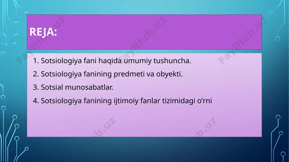 ujudga kelayotgan sotsial-siyosiy va iqtisodiy vaziyatning о’zi talab etayapti. fan-texnika inqilobi, ommaviy-axborot vositalarining tobora kengayishi sotsial jarayonlarni murakkablashtiryapti, sotsial institutlarni yanada kengaytirishni sotsiologik maъlumotlarni ilmiy-nazariy jihatdan umumlashtirishni taqozo etyapti.mamlakatimizda sotsiologiya fanining qaror topishi о’z-о’zidan bo‘lmadi: u o’sha izlanishlar va kurashlarning natijasi bо’ldi. "sotsiologiya" nima deganiq bu fan nimani о’rganadi va qanday vazifalarni bajaradiq . "sotsiologiya" nima degani? bu fan nimani о’rganadi va qanday vazifalarni bajaradi? bilasizmi ??? "sotsiologiya" lotincha "sosietas" (jamiyat) va yunoncha "logos" (taъilmot, nazariya) sоъzlaridan olingan bоъlib, "jamiyat haqidagi taъilmot" degan maъnoni anglatadi. barcha fanlar singari sotsiologiya ham оъz tadqiqot odъektiga, predmetiga, ilmiy tushuncha va kategoriyalariga egadir.sotsiologiyaning оъrganish odъekti jamiyatdir, shuning uchun ham u ijtimoiy fanlar tarkibiga kiradi.jamiyat va inson nihoyatda murakkab va kоъp iirrali sistema bоъlganligi tufayli ularning turli tomon va jihatlari turli ijtimoiy fanlar tomonidan оъrganiladi.agar tabiyotshunoslik fanlari uchun tabiat yagona odъekt bоъlsa, har bir tabiyotshunoslik fani оъz predmetiga (odъektning konkret bir sohasi) egadir. chunonchi, botanika …