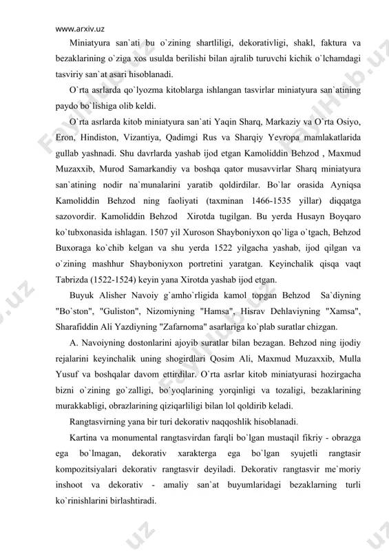 urasi hozirgacha bizni o`zining go`zalligi, bo`yoqlarining yorqinligi va tozaligi, bezaklarining murakkabligi, obrazlarining qiziqarliligi bilan lol qoldirib keladi. rangtasvirning yana bir turi dekorativ naqqoshlik hisoblanadi. kartina va monumental rangtasvirdan farqli bo`lgan mustaqil fikriy - obrazga ega bo`lmagan, dekorativ xarakterga ega bo`lgan syujetli rangtasir kompozitsiyalari dekorativ rangtasvir deyiladi. dekorativ rangtasvir me`moriy inshoot va dekorativ - amaliy san`at buyumlaridagi bezaklarning turli ko`rinishlarini birlashtiradi. me`moriy dekorativ bezak devorga, gumbaz, fasad va binoning boshqa elementlariga yoki xolstga bajarilishi mumkin. teatr dekoratsiyasi ham rangtasvirning turlaridan biri hisoblanadi. uning vazifasi spektaklning obrazini yaratishdan iboratdir. spektaklni badiiy bezash stsenografiya deb ham yuritiladi. teatr uchun turli - tuman dekoratsiyalarni yaratishda rangtasvir juda katta rol uynaydi. u saxnadagi san`at asarini bo`lib o`tayotgan joyi, vaqti, davri, stili va janrini aniq bera oladi. teatr - dekoratsiyasi rangtasviri faqat asar xarakteriga emas, balki spektaklning rejissurasiga va rassomning individual ijodiy yondoshuviga ham bog`liq bo`ladi. shuning uchun ham turli teatrlarda kuyilayotgan bitta spektakl turlicha bezatilishi …