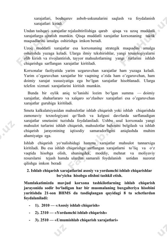 ra bevosita va bilvosita xarajatlarga ajratiladi. · bevosita xarajatlar korxonalarga mahsulotlarni ishlab chiqarish bilan to‘g‘ridan-to‘g‘ri bog‘liq bo‘lgan xomashyo va materiallar, mehnatga haq to‘lash (ajratmalari bilan birga), ishlab chiqarishda foydalanilayotgan asosiy vositalar amortizatsiyasi kabi xarajatlar kiradi. · bilvosita xarajatlar esa mahsulotlar ishlab chiqarish bilan bog‘liq bo‘lmagan xarajatlar hisoblanib, ularga ma’muriy-boshqaruv xarajatlari, boshqaruv asbob-uskunalarini saqlash va foydalanish xarajatlari kiradi. undan tashqari xarajatlar rejalashtirilishiga qarab qisqa va uzoq muddatli xarajatlarga ajratish mumkin. qisqa muddatli xarajatlar korxonaning taktik maqsadlarini amalga oshirishga imkon beradi. uzoq muddatli xarajatlar esa korxonaning strategik maqsadini amalga oshirishda yuzaga keladi. ularga ilmiy tekshirishlar, yangi texnologiyalarni olib kirish va rivojlantirish, tayyor mahsulotlarning yangi turlarini ishlab chiqarishga sarflangan xarajatlar kiritiladi. korxonalar faoliyatida yarim uzgaruvchan xarajatlar ham yuzaga keladi. yarim o’zgaruvchan xarajatlar bir vaqtning o’zida ham o’zgaruvchan, ham doimiy xarajat xususiyatiga ega bo‘lgan xarajatlar hisoblanadi. ularga telefon xizmati xarajatlarini kiritish mumkin. bunda bir oylik aniq to’lanishi lozim bo‘lgan summa — doimiy xarajatlar, shaharlararo …