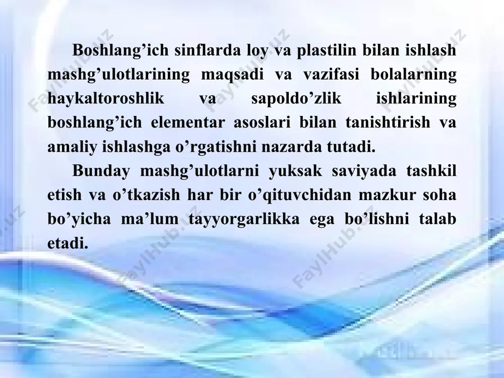 ing uchun plastilin solingan qo’ticha mashg’ulot boshlanishidan oldinroq issiqlik manbaiga yaqinroq joyga qo’yiladi yoki salgina namlangan qo’lning kaftida tutib turiladi. natijada plastilin yumshab, ishga tayyor bo’ladi. plastilinni qo’lda uzoq vaqt ushlab turish yaramaydi. chunki plastilin haddan tashqari yumshab, yopishqoq bo’lib qoladi. plastilin va loydan tashqari narsalar yasashda mumdan foydalaniladi. mumning tabiiy va su’niy (neftdan olingan) turlari mavjud. mum ancha qimmat turadi va undan mayda narsalar yasaladi. mum bilan ishlash qulay, u qurimaydi, suv bilan namlanishni talab qilmaydi, darz ketmaydi va undan yasaladigan narsalar uzoq saqlanadi. mehnat darslari uchun magazinlarda ochdan to to’q rangacha bo’lgan rangli mum tayoqchalari sotiladi. haykaltoroshlik haqida qisqacha ma’lumot. haykaltoroshlik – ta’sviriy san’at turlaridan biridir. san’atning bu turining xususiyati tasvirni hajmi – formasidir. plastik tasvirlar orasida aylana haykaltoroshlik yolg’iz tur emas. undan tashqari, barelef va gorelef ham mavjud barelef aylana haykaltoroshlikdan farq qilib, yassi sathda aks etadi. bu haykaltoroshlik formalaridan idish – tovoq sathini, binolarning old tomoni, …