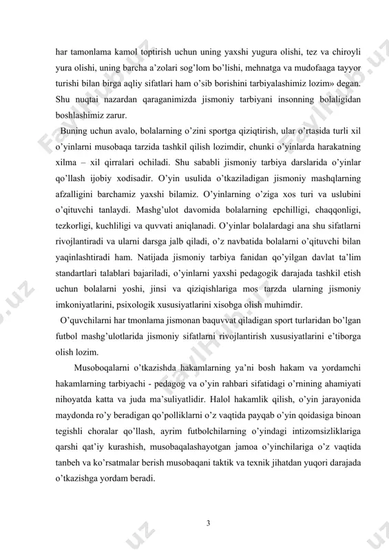 insi va qiziqishlariga mos tarzda ularning jismoniy imkoniyatlarini, psixologik xususiyatlarini xisobga olish muhimdir. o’quvchilarni har tmonlama jismonan baquvvat qiladigan sport turlaridan bo’lgan futbol mashg’ulotlarida jismoniy sifatlarni rivojlantirish xususiyatlarini e’tiborga olish lozim. musoboqalarni o’tkazishda hakamlarning ya’ni bosh hakam va yordamchi hakamlarning tarbiyachi - pedagog va o’yin rahbari sifatidagi o’rnining ahamiyati nihoyatda katta va juda ma’suliyatlidir. halol hakamlik qilish, o’yin jarayonida maydonda ro’y beradigan qo’polliklarni o’z vaqtida payqab o’yin qoidasiga binoan tegishli choralar qo’llash, ayrim futbolchilarning o’yindagi intizomsizliklariga qarshi qat’iy kurashish, musobaqalashayotgan jamoa o’yinchilariga o’z vaqtida tanbeh va ko’rsatmalar berish musobaqani taktik va texnik jihatdan yuqori darajada o’tkazishga yordam beradi. musoboqalarni davrali tizimda o’tkazish ko’p vaqt olishiga qaramay o’quvchilar orasida o’tkazilsa ishtirokchilarda musoboqalarga bo’lgan mosla-shuvini oshiradi. ular tayyorgarligini muntazam nazorat qiladi. ishning maqsadi – futbol musoboqalarini o’tkazishda musoboqa turlarini aniqlab davrali tizim, mag’lubiyatdan keyin o’yindan chiqib ketish tizimi, ikki mag’lubiyatdan keyin o’yindan chiqib ketish tizim va aralash tizimlarda musoboqalarni tashkil qilish va …