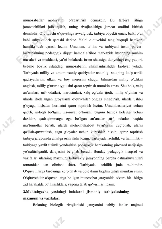 bo‘ladi, shunga ko‘ra u tez jarohatlanadi. shuning uchun bolalarga jismoniy tarbiyada quyidagilar birinchi darajali vazifalar hisoblanadi: sog‘lomlashtiruvchi vazifalar. bolalar sog‘lig‘ini mustahkamlash, organizmning shakl va funksiyalarini uyg‘un rivojlantirish, ish qobiliyatini oshirish, har xil tashqi ta’sirlarga chidamliligini kuchaytirish, uzoq umr ko‘rishini ta’minlash. ta’limiy vazifalar. maktabgacha ta’lim yoshidagi bolalarga xos bo‘lgan o‘ta qabul qiluvchanlikni, sharoitning o‘zgarishiga yengil moslashish qobiliyati bir qator ta’limiy vazifalarni amalga oshirish imkoniyatini yaratadi, chunonchi: kerakli ko‘nikma va malakalarni shakllantirish, jismoniy sifatlar (chaqqonlik, kuchlilik, chidamlilik, tezkorlik, egiluvchanlik, muvozanat, ko‘z bilan chamalash)ni o‘stirish, to‘g‘ri qaddi-qomat, gigiyena ko‘nikmalarini tarbiyalash, jismoniy tarbiya haqidagi bilimlarni o‘zlashtirish. boladagi harakat ko‘nikmalari (emaklash, yurish, yugurish, velosipedda uchish va h.k) nisbatan yengil shakllanadi va ular bolaning muhit bilan aloqasini osonlashtiradi. bola chanada uchayotib qor, shamolning, suvda suzayotib suvning xossalari bilan tanishadi. jismoniy mashqlar, gigiyena malakalarini egallash bilan bog‘liq bo‘lgan dastlabki bilimlar shakllantiriladi. maktabgacha ta’lim yoshidagi bolalarga mashg‘ulotlarning foydasi, jismoniy mashqlarning ahamiyati va texnikasi, ularni o‘tkazish metodikasi haqidagi, harakatli …