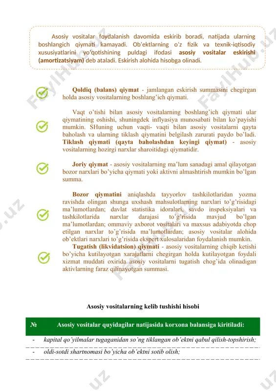 ing tegishli ob’ektlari qurib bitkazilgan, qo’shimcha jihozlangan, rekonstruksiya qilingan, zamonaviylashtirilgan, xarajatlar aktivdan kutilayotgan foydani oshirsa va undan foydalanish natijasida iqtisodiy nafni oshirishga imkon bergan holatlarda ruhsat etiladi. asosiy vositalarni xarid qilish, o’rnatish, zamonaviylashtirish, rekonstruksiyalash bo’yicha xarajatlarni ularning boshlang’ich qiymatiga o’tkazish kapitallashtirish deb ataladi. asosiy vositalarning ishlash qobiliyatini tiklash bo’yicha joriy va kapital ta’mirlashga oid har qanday boshqa xarajatlar joriy xarajatlar sifatida ko’rilishi va kapitallashtirilmasligi lozim. asosiy vositalar foydalanish davomida eskirib boradi, natijada ularning boshlangich qiymati kamayadi. ob’ektlarning o’z fizik va texnik-iqtisodiy xususiyatlarini yo’qotishining puldagi ifodasi asosiy vositalar eskirishi (amortizatsiyam) deb ataladi. eskirish alohida hisobga olinadi. qoldiq (balans) qiymat - jamlangan eskirish summasini chegirgan holda asosiy vositalarning boshlang’ich qiymati. vaqt o’tishi bilan asosiy vositalarning boshlang’ich qiymati ular qiymatining oshishi, shuningdek inflyasiya munosabati bilan ko’payishi mumkin. shuning uchun vaqti- vaqti bilan asosiy vositalarni qayta baholash va ularning tiklash qiymatini belgilash zarurati paydo bo’ladi. tiklash qiymati (qayta baholashdan keyingi qiymat) - asosiy vositalarning …