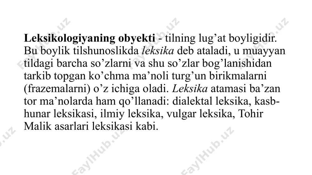 iqishi va uning haqiqiy ma’nosini o‘rganadi. o‘zbek tilshunosligida etimologiya sohasi rivojida sh. rahmatullayevning xizmatlari katta. olim bir necha jildlik etimologik lug‘atlar yaratdi. paremiologiya maqol matal hikmatli so‘z (aforizm) barqaror birikmalar barqaror birikmalar (turg‘un birliklar) — tilda leksama kabi yashovchi birliklar. maqol matal hikmatli so‘z (aforizm) tasviriy ifoda (parafraza) ibora frazeologiya iboralarni o‘rganadi. ibora ham barqaror birikma (turg‘un birlik) hisoblanadi. onamastika tilshunoslikning tildagi har qanday (barcha tipdagi) atoqli otlarni tadqiq qiluvchi sohasi. antroponim — kishi nomi toponim — joy nomi zoonim — hayvon nomi gidronim — suv havzasi nomi kosmonim — osmon jismi nomi fitonim — o‘simlik nomi onomasiologiya lug‘aviy birliklarni nomlash va tushuncha anglatish tamoyillari hamda qonuniyatlarini o‘rganuvchi bo‘lim. onomasiologiyada narsa-buyumlar va hodisalarga nom berish jarayoni, onomastikada esa narsa-hodisalarning maxsus nomlari – atoqli otlar o‘rganiladi. leksik (lug‘aviy, atash) ma’no o‘z va ko‘chma ma’no bir ma’nolilik va ko‘p ma’nolilik ma’no ko‘chish turlari, tabu, evfemizm va disfemizm so‘zlarning shakl va ma’no munosabatiga …