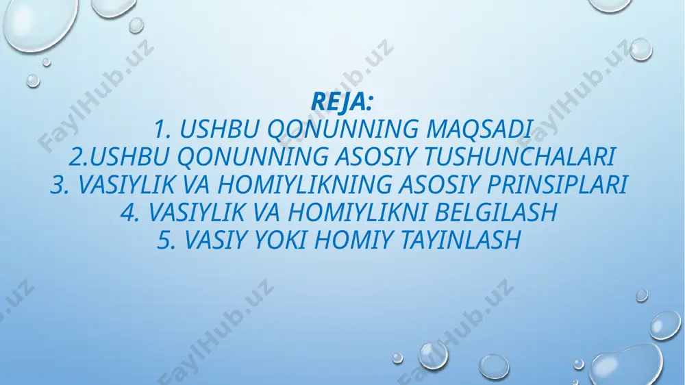 slarning iltimosiga ko‘ra homiylik belgilanishi mumkin; qonunda quyidagi asosiy tushunchalar qo‘llaniladi: vasiylikdagi yoki homiylikdagi shaxs — o‘ziga nisbatan vasiylik yoki homiylik belgilangan shaxs; vasiylik yoki homiylik belgilanishiga muhtoj bo‘lgan shaxslar — alohida g‘amxo‘rlikka, shuningdek o‘z huquqlari, erkinliklari va qonuniy manfaatlari himoya qilinishiga muhtoj bo‘lgan yetim bolalar va ota-onasining qaramog‘idan mahrum bo‘lgan bolalar, ota-onalik huquqidan mahrum etilmagan ota-onasi bo‘lgan hamda bolalarning hayoti yoki sog‘lig‘iga bevosita tahdid tug‘dirayotgan yoki ularning ta’minoti, tarbiya va ta’lim olishiga doir talablarga javob bermaydigan sharoitda yashayotgan bolalar, sog‘lig‘ining holatiga ko‘ra homiylikka muhtoj bo‘lgan voyaga yetgan muomalaga layoqatli fuqarolar, muomalaga layoqatsiz yoki muomala layoqati cheklangan fuqarolar. vasiylik va homiylik sohasidagi davlat siyosatining asosiy yo‘nalishlari quyidagilardan iborat: 1)vasiylik yoki homiylik belgilanishiga muhtoj bo‘lgan shaxslarning o‘z vaqtida aniqlanishi, hisobga olinishi va joylashtirilishini ta’minlash; 2)vasiylik va homiylik to‘g‘risidagi qonunchilik ijrosini ta’minlash; bolalarni oilada tarbiyalash shaklining ustuvorligini ta’minlash; 3)vasiylik yoki homiylik belgilanishiga muhtoj bo‘lgan shaxslar to‘g‘risida g‘amxo‘rlik ko‘rsatayotgan oilalarni qo‘llab-quvvatlash; 4)vasiylik va …