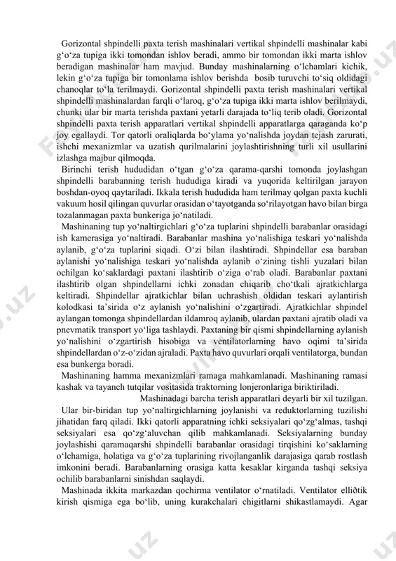 g ichki seksiyalari qo‘zg‘almas, tashqi seksiyalari esa qo‘zg‘aluvchan qilib mahkamlanadi. seksiyalarning bunday joylashishi qaramaqarshi shpindelli barabanlar orasidagi tirqishini ko‘saklarning o‘lchamiga, holatiga va g‘o‘za tuplarining rivojlanganlik darajasiga qarab rostlash imkonini beradi. barabanlarning orasiga katta kesaklar kirganda tashqi seksiya ochilib barabanlarni sinishdan saqlaydi. mashinada ikkita markazdan qochirma ventilator o‘rnatiladi. ventilator elliðtik kirish qismiga ega bo‘lib, uning kurakchalari chigitlarni shikastlamaydi. agar chigitga zarar yetkazilsa, uning po‘stlog‘i tola bilan birga ajralib, keyinchalik paxtani tozalash qiyin bo‘ladi. 17xâ-1,8a vertikal shpindelli ikki qatorli mashinalar qator oralari 90 sm li paxtalarni terish uchun mo‘ljallanadi. bu mashina t-28x4m traktoriga o‘rnatib ishlatiladi. quyidagi 4-jadvalda paxta terish mashinalarining qisqacha tafsiloti keltirilgan. 4-jadval paxta terish mashinalarining tavsifi ko‘rsatkichlar 4xb-2,4 17хг-1,8 хн-3,6 qator oralari, sm bir yo‘la paxtasi teriladigan qatorlar soni ish unumi, ga/soat: birinchi terimda ikkinchi terimda mashinaning yurish tezligi, km/soat birinchi tezligi ikkinchi tezligi transport tezligi mashina massasi, kg terish apparati barabanlar soni barabanlardagi shpindellar soni jami: ajratkichlar soni shpindelli …