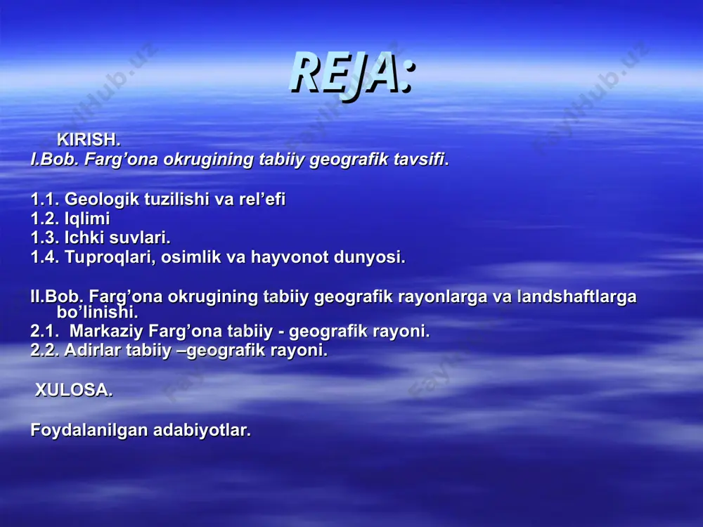 dengizdan bo’shagan. lekin vodiyda quruqlik hamma yerda bir vaqtda paydo bo’lmagan. farg’ona okrugini o’rab turgan toglarda quruqlikning paydo bo’lish jarayoni poleozoy erasidan boshlansa, adirlar qismida mezazoy erasidan boshlangan. antropogen davrda esa vodiyning tekislik qismi quruqlikka aylangan. shu sababli adirlar zaminida bo’r davri jinslari uchrasa, vodiyning markaziy qismida yoki farg’ona okrugida asosan allyuvial – prollyuvial, ko’l – botqoqlik yotqiziqlari – qum, gil, qumoq, qumtoshlar asosiy o’rinni egallaydi. 1.2. iqlimi farg’ona okrugining iqlimi quruq, davomli, yozi issiq, qishi mo’tadil, shu kenglikda joylashgan qo’shni toshkent – mirzacho’l okrugidan bir oz farq qiladi. okrugning atrofini o’rab olgan tog’lardan esadigan sovuq havo qishda farg’ona botig’ining markaziy qismida to’planib qoladi, natijada yanvarning o’rtacha harorati – 30 s bo’ladi. ba’zi yillari shimol va shimoli - sharqdan sovuq havo massalari esib, tog’lardan oshib o’tadi va okrug haroratini juda pasaytirib yuboradi. ana shunday paytlarda eng past harorat – 30 0 , - 310 s ga tushadi. ammo qish faslida …