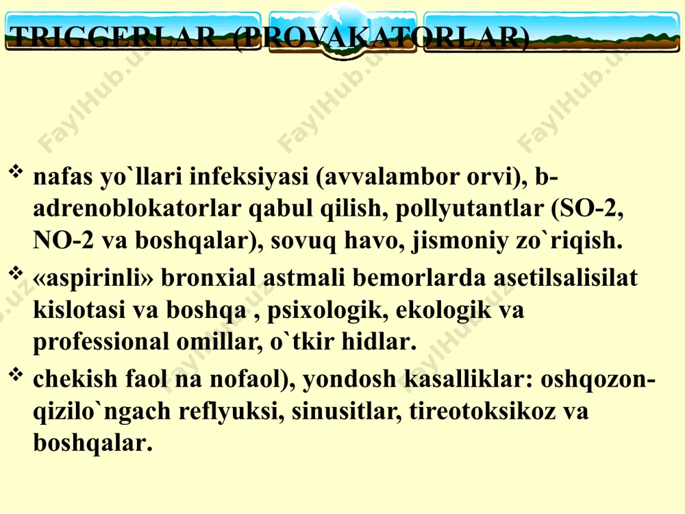 nistlar tabletkalarda yoki siropda lozim bulganda (kuniga 3-4 martagacha): kiska vakt ta'sir etuvchi bronxodilatatorlar –ingalyasion b2-agonistlar 3 pog`ona. o`rta darajadagi persistirlovchi astma lozim bo`lganda (lekin kuniga 3-4 martadan kam): qisqa vaqt ta'sir etuvchi bronxodilatatorlar - ingalyasion 2-agonistlar har kuni: ·ingalyasion kortikosteroidlar 800-2000 mkg; · uzoq vaqt ta'sir etuvchi bronxodilatatorlar, ayniqsa tungi simptomlarla: ingalyasion 2-agonistlar yoki teofillinlar, yoki 2-agonistlar tabletkalarda yoki siropda pag`onalar xuruj davrida qo`llaniladigan dori vositalari lozim b¢lganda: qisqa vaqt ta'sir etuvchi bronxodilatatorlar - ingalyasion 2-agonistlar har kuni: · ingalyasion kortikosteroidlar, 800-2000 mkg va undan ortiq; · uzoq ta'sir etuvchi bronxodilatatorlar: ingalyasion ?2-agonistlar yoki teofillinlar va/yoki ?2-agonistlar tabletkalarda yoki siropda; · uzoq vaqtga peroral kortikosterodlar 4 poqona. og`ir persistirlovchi astma xuruj davrida qo`llaniladigan dori vositalari ustivor(bazis) davo ba ning ustivor davosi asosini yalig`lanishga. qarshi terapiya tashkil etadi. 1.kromoglikat natriy. 2. nedokromil natriy. 3. kortikosteroidlar (ingalyasion, sistemali). 4. spesifik immunterapiya. kromoglikatnatriy va nedokromil natriy yengil ba ni davolashda asosiy o`rinni …