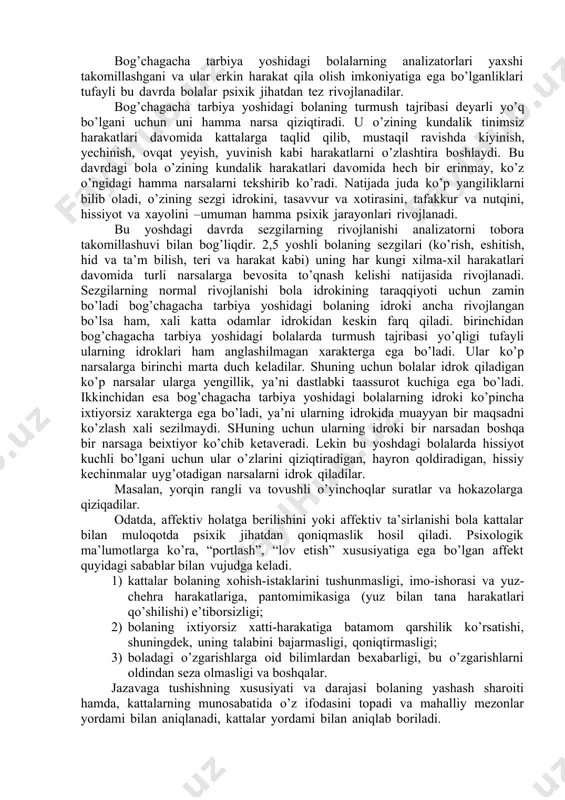 chiniqtirishga rioya qilish kerak. bog’chagacha yoshdagi bolalarda asab tizimini rivojlanishi bolaning bog’cha yoshdagi davrida ham asab tizimi tez rivojlanishda davom etadi. bu davrda bosh miyaning hajmi va vazni anchagina ortadi. masalan, bir yoshdan 2 yoshgacha kirguncha bosh miyasining vazni 940 g dan 1025 g ga ortadi. 2 yoshdan 3 yoshgacha bo’lgan davrda esa bola miyasining vazni 1025 g dan 1112 gr ga ortadi. bu davrda bola miyasi vaznining ortishi bilan birga miyaning ichki qismlarida ham jiddiy o’zgarishlar sodir bo’ladi. miya po’stidagi asab xujayralarining (neyronlarining) tizilishi murakkablashadi, ya’ni neyronlarning shoxsimon o’simtalari tobora orta boradi. bosh miya po’stidagi asab hujayralarining takomillashuvi turli assotsiatsiyalarning (muvaqqat aloqalarning, shartli reflekslarning) yuzaga kelishini osonlashtiradi va tezlashtiradi. bog’chagacha tarbiya yoshidagi bolani asab tizimining rivojlanishida ham asab tolalarining mielinizatsiyalanishi davom etadi. bu davrda asosan bosh miya yarim sharlaridagi asab haroratlarini bir – biri bilan bog’lovchi asab tolalari mielin pardasi bilan qorilib, bir-biridan ajratiladi. bola psixikasining rivojlanishida buning ahamiyati …
