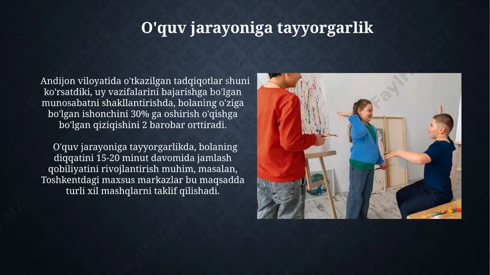 dam beradi, bu esa samarqanddagi tadqiqotlar bilan tasdiqlangan. bolalarni maktabga psixologik tayyorlash, ularning 5-7 yoshdagi ijtimoiy-emotsional rivojlanishiga ijobiy ta’sir ko‘rsatib, o‘qishga bo‘lgan qiziqishlarini 20% ga oshiradi va toshkentdagi maktablarda moslashuv davrini qisqartiradi. o'qishga bo'lgan qiziqishni rivojlantirish қашқадарё вилоятидаги тажрибали мутахассисларнинг фикрича, ҳар куни камида 15 дақиқа бола билан эртак ўқиш, унинг луғат бойлигини ошириб, ўқишга бўлган иштиёқини кучайтиради. ўзбекистоннинг 10 та вилоятида ўтказилган тадқиқотлар, ерта ёшда (3-4 ёш) китоблар билан мулоқот қилишни бошлаш, мактабга тайёргарлик даражасини 30% га оширишини кўрсатди. ijobiy munosabatlarni shakllantirish ijobiy munosabatlarni shakllantirishda 5-7 yoshli bolalarga o‘z his-tuyg‘ularini ifoda etishning 3 ta asosiy usulini (masalan, samarqanddagi bolalar bog‘chasida qo‘llaniladigan usullar kabi) o‘rgatish muhim, bu ularning tengdoshlari bilan munosabatlarini yaxshilashga yordam beradi. bolalarda o‘zaro yordam va mehr-oqibat munosabatlarini shakllantirish uchun 2-3 nafar bolani birgalikdagi loyihalarga jalb qilish, ularning natijalarini andijonda joylashgan bolalar markazlarida kuzatish va baholash orqali amalga oshirilishi mumkin. oila va maktabning o'zaro hamkorligi bolani maktabga tayyorlashda …