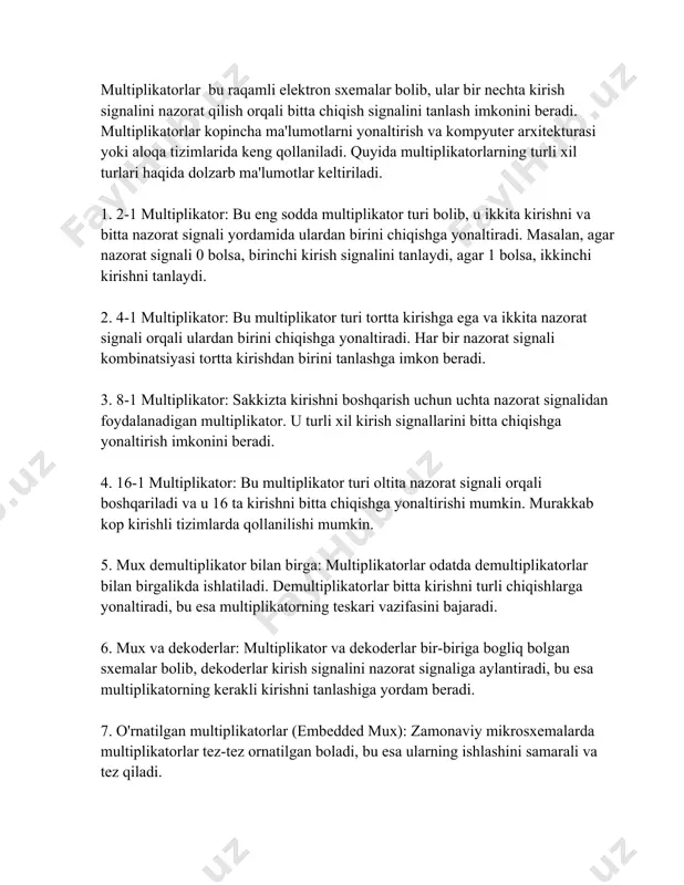 shda va nazorat signalini bitta signalga yonaltirish uchun keng qollaniladi. ular mikroprotsessorlar, signal protsessorlari va mikrokompyuter sistemalarida ajralmas qismdir. zamonaviy multiplikatorlar yuqori tezlikda ishlaydi va kam energiya sarfi bilan ajralib turadi. shu sababli, ular koplab elektron qurilmalarning samarali ishlashiga hissa qoshadi. yuqorida keltirilgan multiplikator turlari va ularning ishlatilish sohalari zamonaviy texnologiyalarda keng qollanilib, har bir turi ozining malum bir vazifasi va imkoniyatlariga ega. har bir multiplikator turi oziga xos xususiyatlarga ega bolishi mumkin va ularning tanlovi tizimning talab va ehtiyojlariga qarab amalga oshiriladi. mazkur ma'lumot multiplikatorlarning oziga xosliklarini va ularning texnologik jarayonlarda qanday ahamiyatga ega ekanligini ko'rsatib beradi. 3. matlab dasturida multipileksorlarni modellashtirishning afzalliklari matlab dasturida multipleksorlarni modellashtirishning afzalliklari haqida gapirganda, bu jarayonning bir qancha muhim jihatlarini ko'rib chiqish mumkin. multipleksorlar raqamli tizimlarda keng qo'llaniladigan qurilmalar bo'lib, ular bir nechta kirish signalini boshqarish va kerakli chiqishga yo'naltirishga mo'ljallangan. matlab dasturi esa bu qurilmalarni modellashtirish va tahlil qilish uchun qulay vosita …