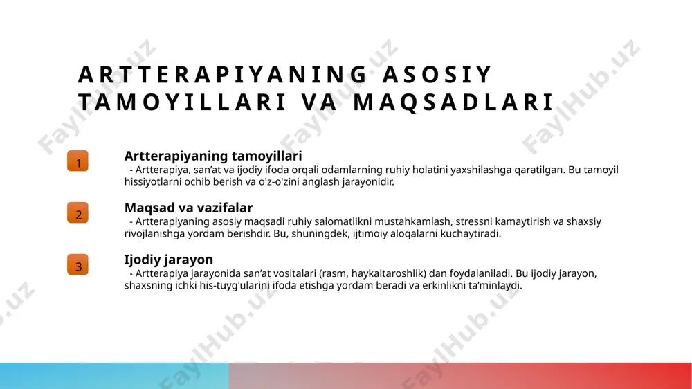 va o'z-o'zini rivojlantirishda muhimdir. 4 tadqiqotlar natijalari tadqiqotlar artterapiyaning depressiya va tashvish darajasini pasaytirish, shuningdek, umuman ruhiy farovonlikni oshirishda samarali ekanligini ko'rsatmoqda. xulosa artterapiya ahamiyati artterapiya, san'at orqali ruhiy salomatlikni yaxshilashda va emotsional ifodani rivojlantirishda muhim rol o'ynaydi. bu jarayon insonning o'zini anglashini oshiradi. madaniyat va san'at madaniyat va san'at artterapiyada muhim ahamiyatga ega. ular, insonlar orasida hissiy bog'lanish va o'zaro tushunishni kuchaytirishda yordam beradi, ruhiy barqarorlikni ta'minlaydi. psixologik foydalar artterapiya psixologik foydalari bilan ajralib turadi. tadqiqotlar shuni ko'rsatadiki, san'at faoliyati stressni kamaytiradi va emotsional farovonlikni oshiradi. e'tiboringiz uchun rahmat! /docprops/thumbnail.jpeg