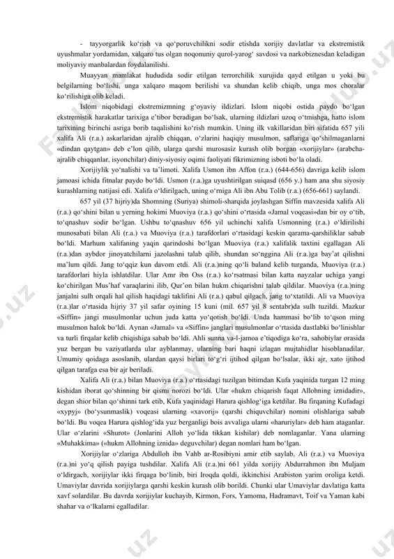 hati dinni siyosiylashtirish vositasida hokimiyatga intilish, dindan odamlar orasiga nifoq solish, qo‘poruvchilik ishlarini amalga oshirish va g‘arazli manfaatlarni ro‘yobga chiqarishda foydalanishga urinishlarda namoyon bo‘lmoqda. demak, diniy ekstremizm kelib chiqishining birinchi va asosiysi sababi bu - mutaassib fikr va qarashlarning paydo bo‘lishidir. mutaassiblik diniy ekstremizm va terrorizmga zamin tayyorlaydi. shu o‘rin qayd etish joizki, ko‘p manbalarda «aqidaparastlik» so‘zi hozirgi voqelikdan kelib chiqib «mutaassiblik» so‘zi bilan almashtirilgan holda istefoda etilmoqda. 1. terrorizm tushunchasi va uning asosiy belgilari. terrorizm (lotincha - «qo‘rqitish», «vahimaga solish») - aholining keng qatlamlarida vahima va qo‘rquv uyg‘otish, jamiyatda beqarorlik keltirib chiqarish orqali davlat hokimiyatini egallash maqsadiga qaratilgan jinoiy faoliyatdir. terror - ommaviy va siyosiy maqsadlarga erishish uchun zo‘ravonlikdan hamda zo‘ravonlik qilish bilan tahdid solishdan muntazam foydalanishdir. shunday qilib, «terror» dushmanni jismoniy zo‘ravonlik yo‘li bilan qo‘rqitish, hatto uni jismonan yo‘q qilishni anglatadi. «terrorizm» esa terror amaliyotidir. bu ikki tushunchani shu tarzda chegaralash maqbul bo‘lsa, u holda terrordan kelib chiqqan …