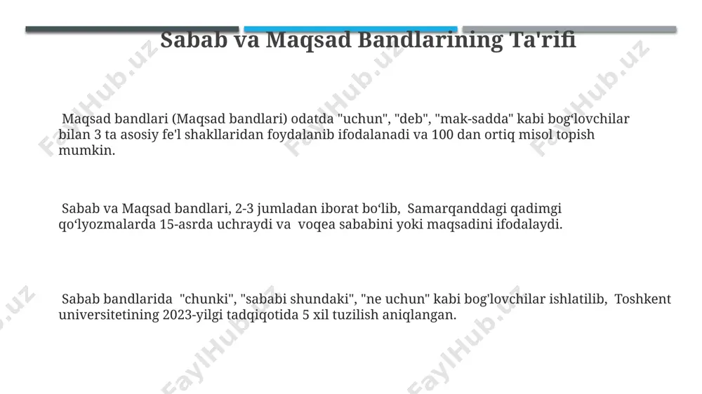 2-банддаги “мақсад” ўрнига “сабаб” ишлатилиши тошкент давлат университети ўқувчиларининг 30% ишларида учрайди. sabab va maqsad bandlarining qo‘llanilishiga misollar ҳам сабаб, ҳам мақсад бандлари: андижондаги 500 та оилани қўллаб-қувватлаш мақсадида (мақсад), ва кўпчиликнинг камбағаллиги сабабли (сабаб), хайрия тадбири ўтказилди. сабаб банди мисоли: 2023 йилда тошкентдаги кучли ёмғир туфайли (сабаб), кўплаб кўчалар сув босди. мақсад банди мисоли: у ўқувчиларнинг билимини ошириш мақсадида (мақсад), 3 та янги дарслик тайёрлади. e'tiboringiz uchun rahmat @taqdimot_robot image1.jpeg