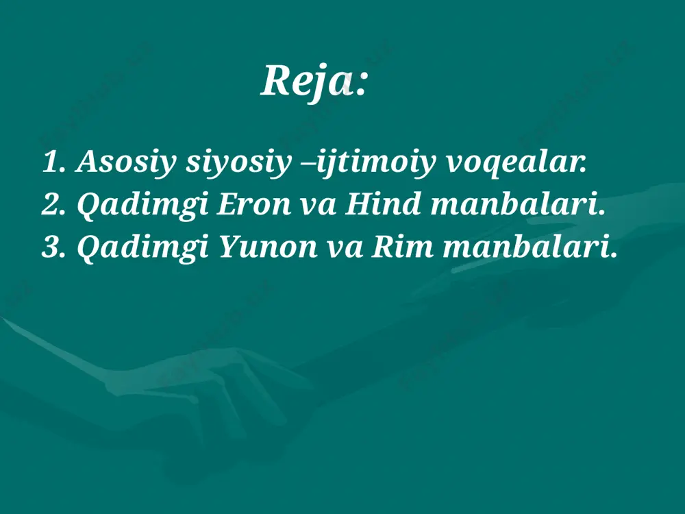 323 –yy.) tarafidan bosib olinishini bir muncha osonlashtirdi. ahmoniylar va ulrning mahalliy noiblari baribir aholini to`la itoatda turtib tura olmadilar. halqimizning chet el bosqinchilariga qarshi kurashi kuchaydi. iskandar zulqarnayni yurishlari (miloddan avvalgi 334 -324 yy.) yurtimiz ijtimoiy -siyosiy tarqqiyotiga ta’sir ko`rsatdi: katta yer egalari bo`lmish mahalliy aslzodalarining mavqei yanada mustahkamlandi. ma’lumki iskandar zulqarnay vafotidan (miloddan avvalgi 323-y 13 iyun) ma’lum vaqt (tahminan 75 yil) o`tgach, uning ulkan saltanati mayda –mayda davlatlarga bo`linib ketdi. miloddan avvalgi tahminan 250 yilin buyuk makadoniya saltanatining baqtriyadagi. noibi diadod mustaqillik e`lon qildi va yunon -baqtriya davlatiga asos soldi. bu davlat tarkibiga sirdaryo bilan hind daryosi yuqori oqimlarigacha bo`lgan yerlar va xalqlar qarar edi. hozirgi janubiy tumanlari ham mustaqillikga erishdi bu yerlar hokimyat tepasiga nufuzli arshakiylar urug`ining boshliqlari o`tqazildi. miloddan avvalgi 190 yili magnesiya yonida bo`lgan janglarda rim qo`shinlari buyuk antioh (miloddan avvalgi 187 yy. ) qo`shinlarini tor- mor kettirib, salavkiylar hukmronligiga qaqshatgich zarba berdilar bu …