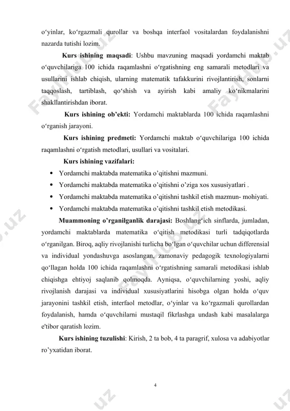 oning o’rganilganlik darajasi: boshlangʻich sinflarda, jumladan, yordamchi maktablarda matematika oʻqitish metodikasi turli tadqiqotlarda oʻrganilgan. biroq, aqliy rivojlanishi turlicha boʻlgan oʻquvchilar uchun differensial va individual yondashuvga asoslangan, zamonaviy pedagogik texnologiyalarni qoʻllagan holda 100 ichida raqamlashni oʻrgatishning samarali metodikasi ishlab chiqishga ehtiyoj saqlanib qolmoqda. ayniqsa, oʻquvchilarning yoshi, aqliy rivojlanish darajasi va individual xususiyatlarini hisobga olgan holda oʻquv jarayonini tashkil etish, interfaol metodlar, oʻyinlar va koʻrgazmali qurollardan foydalanish, hamda oʻquvchilarni mustaqil fikrlashga undash kabi masalalarga e'tibor qaratish lozim. kurs ishining tuzulishi: kirish, 2 ta bob, 4 ta paragrif, xulosa va adabiyotlar ro’yxatidan iborat. i bob. yordamchi maktabda 100 ichida raqamlashga o’rgatish metodikasini ilmiy-nazariy asoslari. 1.1 muammoni psixologik-pedagogik adabiyotlardan o’rganilganligi. yordamchi maktablar o’zlarining maxsus talablari va sharoitlari bilan umumta’lim maktablaridan farq qiladi. bunday maktablar o’quvchilari o’zlarining psixologik va fiziologik rivojlanish xususiyatlariga ega bo’lib, ular uchun ta’lim jarayoni maxsus metodikalar orqali amalga oshiriladi. bunday metodikalardan biri – 100 ichida raqamlashga o’rgatish metodikasi. ushbu metodikaning ilmiy-nazariy …