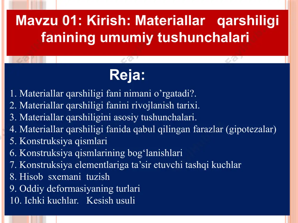 anida nazariy mexanikadan farqli jismlar kuch ta’sirida deformatsiyalanadi deb qaraladi. jismlarning o‘z ulcham va shaklini o‘zgartirishi deformatsiya deb ataladi. agar jismlarda tashqi kuch ta’siridan hosil bo‘lgan deformatsiya jismdan kuch olingach, yo‘qolib ketsa, bu elastik deformatsiya deb ataladi. biror deformatsiyani yuzaga keltirayotgan kuchning miqdori ma’lum chegaradan ortib ketmasa, jismda faqat elastik deformatsiya vujudga keladi, aks holda qoldiq yoki plastik deformatsiya hosil bo‘ladi. 12 13 materiallar qarshiligi fanida qabul qilingan farazlar (gipotezalar): jism bir jinsli va yaxlit deb qaraladi … 2. jism absolyut elastik va izotrop deb qaraladi. 3. jismning deformatsiyasi uning o‘lchamlariga qaraganda ancha kichik deb qaraladi. 4. jismga qo‘yilgan kuch ma’lum miqdordan oshmasa, jism chiziqli deformatsiyalanadi (guk qonuni). 5. deformatsiyadan oldin tekis bo‘lgan kesim, deformatsiyadan keyin ham tekis bo‘lib qoladi (bernulli gipotezasi). 6. kuchlar ta’sirining mustaqillik prinsipi. konstruksiya qismlari. a) brus (sterjen) - ko‘ndalang kesim ulchamlari uzunlik ulchamiga nisbatan juda kichik bo‘lgan elementga aytiladi. b) plastinka (plita) - qalinligiga nisbatan …