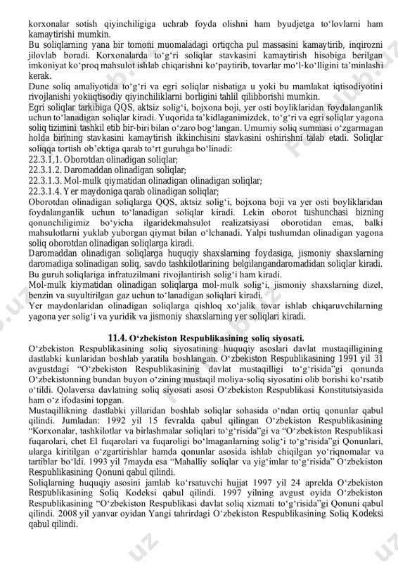 ob’ektning o‘lchov birligi. bu foyda solig‘ida so‘m, yer solig‘ida kv.metr, suv solig‘ida kub metr va boshqalar. 5. soliq stavkasi- ob’ektning har birligi uchun davlat tomonidan belgilab qo‘yilgan me’yoridir, ya’ni davlatning ob’ektdagi ulushi hissasidir. soliq stavkasi ikki xil usulda: qat’iy stavkalarda (so‘mlarda) va nisbiy stavkalarda-foizlarda ifodalanadi. bozor iqtisodiyotiga o‘tish va inflyatsiya sharoitida nisbiy stavkalarni qo‘llash maqsadga muvofiqdir. bunday hollarda byudjet inflyatsiyadan ko‘p mablag‘ yo‘qotmaydi. agar stavka so‘mlarda hisobga olinsa, soliqlardan tushgan byudjet daromadi yil oxiriga kelib hech qanday iqtisodiy ahamiyatga ega bo‘lmay qolishi mumkin. solik stavkalarining proportsional, progressiv va regressiv turlari mavjud. 6. soliq imtiyozi-soliq imtiyozlari deganda soliq to‘lovchilarga soliq va yig‘imlarni to‘lashdan qisman, vaqtinchalik va to‘liq ozod eti shva soliq bazasini kamaytirish tushuniladi. soliq imtiyozlari bugungi kunda 3 xil turi mavjud: 1. soliqdan batamom ozod etiluvchilar; 2. soliqdan qisman va vaqtincha ozod etiluvchilar; 3. soliqqa tortiladigan bazadan kamaytiriladigan soliqlar. 7. soliq og‘irligi- to‘lovchining hamma soliqlar va yig‘imlar yig‘indisini byudjetga to‘lashidir. …