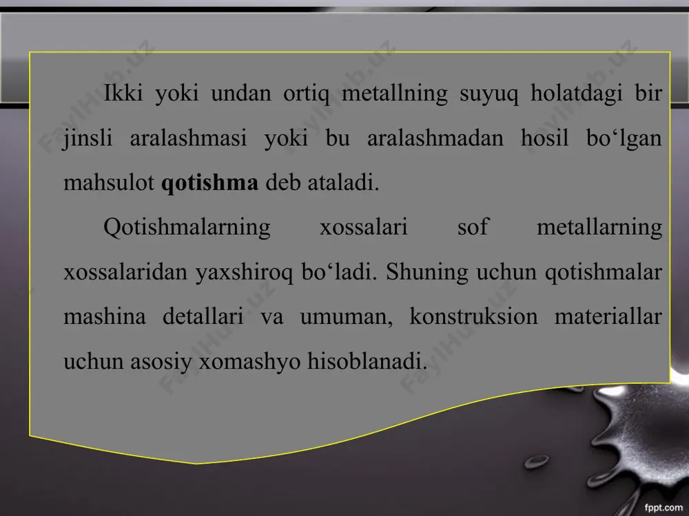 r (qozon, santexnika qurilmalari, meʼmorlik bezaklari va boshqalar) qu­yish uchun ishlatiladigan moʻrt materialdir. choʻyan oq, kulrang, bolgʻalanuvchan, mustahkamligi yuqori, maxsus, olovbardosh turlarga boʻlinadi. quymalar olish uchun ishlatiladigan kulrang chо‘yan quymakorlik choʻyani deb ham ataladi. pо‘lat poʻlatning rangi kulrang bо‘lib, toblanganda uning qattiqligi va mustahkamligi ortadi, bolgʻalanuvchan boʻlib qoladi. ishlatilishiga qarab, qurilish va mashinasozlik, asbobsozlik va boshqa sohalarda asosiy material hisoblanadi. mis mis rangli metall hisoblanadi. qadimda mis rudasi kipr orolidan qazib olingan, shuning uchun u orolning nomi bilan “cuprum”, ya’ni mis deb atalgan. mis tabiatda nisbatan kam tarqalgan bо‘lib, pushti-qizil rangga ega. u yumshoq va yopishqoq, bolgʻalanuvchan, yaxshi egiluvchanlikka ega, elektr tokini va issiqlikni yaxshi о‘tkazadi, korroziyaga chidamli, ammo mо‘rt metalldir. mis issiqlik va elektr tokini juda yaxshi oʻtkazadi, bu jihatdan faqat kumushdan keyinda turadi. mis ochiq havoda qorayadi, nam havoda koʻkaradi. u, asosan, sulfidli mis rudalaridan olinadi. mis elektr simlari, elektr asboblar va uskunalar ishlab chiqarishda, badiiy buyumlar tayyorlashda, …