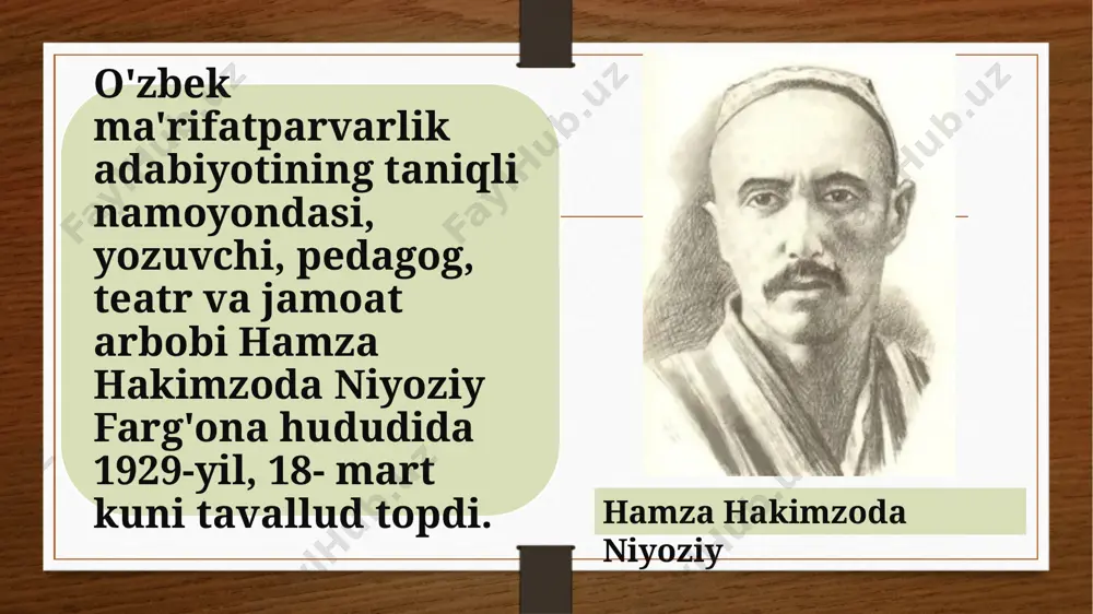 xiva qo‘shiqlari” (1931) to‘plamidan joy olgan qo‘shiqlarining bir qismi taniqli o‘zbek qo‘shiqchilaridan yozib olingan. hamza ijtimoiy hayotda ayollarning ozodligi uchun kurashgan, millatparast va jaholatchilikni fosh qilgan. hamza g‘azabga to‘la aqidaparastlar olomoni tomonidan o‘ldirilgan. hamza hakimzoda niyoziy uy- muzeyi mustaqillik yillarida tartibli holatga keltirilgan. uning tashqi va ichki ko'rinishi asl holicha saqlab qolingan. uning hovli, ya’ni kiraverish qismida, hamza hakimzoda niyoziyning haykali joylashgan. uning haykali, o'zining tarixiy xotirasiga bag'ishlanib, yoshlik davrida ekkan daraxti oldida o'tirgan holida ishlangan. uyning ichlari esa juda tartibli holatda, huddi adib tirikligidek sokin holatda. tokchaga terilgan diniy va dunyoviy kitoblar, mo'jazgina xontaxta ustida joylashgan ulkan lavh nafaqat chet el sayyohi, balki barcha insonlarning qalbida o'zgacha tuyg'u uyg'otadi. undan qolgan kitoblar esa biz yoshlarga ulkan merosdir. xonalarni birma- bir kuzatgan inson, o'z-bek madaniyatini bir aylanib chiqishidayoq tushunadi. bu uy- muzeyida niyoziyning onasi o'z qo'llari bilan non yopib bergan tandir ham joylashgan. ta'mirlanishiga qaramasdan, bu ko'hna tandir o'zbek hamza …