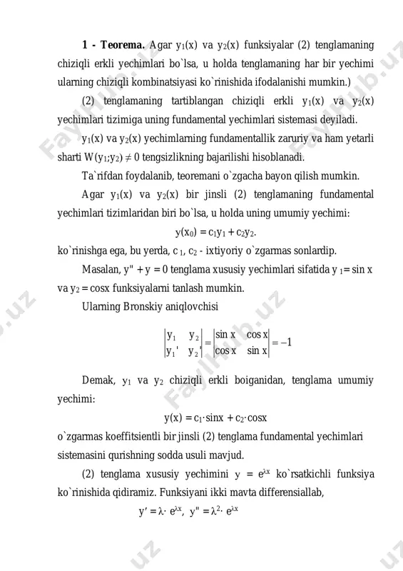 idir. natijada, umumiy yechim у = c1· eαx ·cosβx + c2·eαx·sinβx = eαx·( c1·cosβx + c2·sinβx) ko`rinishda yoziladi. misol. y"- 6y′ + 10y = 0 tenglama umumiy yechimini toping. xarakteristik tenglama λ2 - 6λ + 10 = 0 bo`lib, uning ildizlari λ1= 3+i, λ2 = 3-i. shunday qilib, xususiy yechjimlar y1 = e3x ·cosx, y2 = e3x ·sinx. umumiy yechim: у = e3x ·(c1 – cosx + c2·sinx). 3-hol: λ1 va λ2 ildizlar o`zaro teng va haqiqiy. λ1 = λ2 ildizlarga xususiy eλ1x va x·eλ1x chiziqli erkli (tekshirib ko`ring) yechimlami mos qo`yish mumkin. shunday qilib, umumiy yechim у = c1·eλ1x + c2·x·eλ1x = eλ1x ·(c1 + c2·x). misol. y" + 4y` + 4y = 0 tenglama umumiy yechimini toping. xarakteristik tenglama λ2 + 4λ + 4 = 0 va λ1 = λ2 = - 2. umumiy yechim у = е-2х ·(с1 + с2·х). 2 - teorema. bir jinslimas (1) differensial …