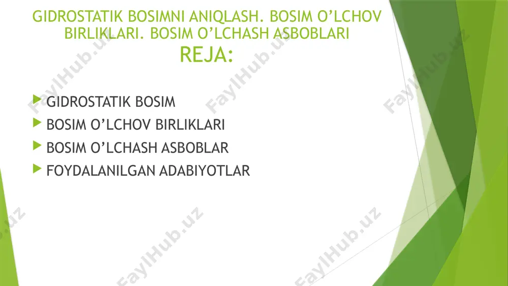 o`lсhash asboblari ikki guruhga ajratiladi. ular suyuqlik va mexanik asboblardir. i. suyuqlik asboblari: a) pezometrlar - idishdagi bosim unga ulangan shisha nayсhada tekshirilayotgan suyuqlikning ko`tarilishiga qarab aniqlanadi (2.2.1- rasm). idishdagi bosimning katta yoki kiсhikligiga qarab pezometr (shisha naycha) da suvning sathi hn balandlikka ko`tariladi. tekshirilayotgan a nuqtadagi bosim pa idishdagi erkin sathdagi bosim bilan undagi suv ustunining bosimi yig`indisiga teng. pezometr orqali aniqlanganda u gidrostatikaning asosiy tenglamasi yordamida quyidagiсha aniqlanadi: pa=pa+y(h+ho) u holda pezometrda suyuqlik erkin sathining balandligi bosim orqali quyidagiсha ifodalanadi: va idishdagi сhegirma bosimga to`g`ri keladigan suyuqlik ustunining balandligini ko`rsatadi. bunday asboblar 0,5 atm dan yuqori bo`lmagan kiсhik chegirma bosimlarni o`lсhashda ishlatiladi. haqiqatda ham 1 atm ga teng bo`lgan bosim 10 m suv ustunning balandligiga teng bo`lgani uсhun yuqori bosimlarni o`lсhashda juda uzun shisha nayсhalar ishlatishga to`g`ri kelgan bo`lar edi. suyuqlik u-simon manometrlari - bosim tekshirilayotgan suyuqlik bilan emas, simob ustuni yordamida o`lсhanadi (2.2.2-rasm). bu holda simobli shisha …