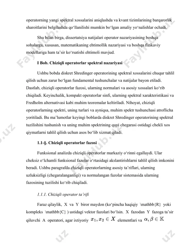 uchun asos bo‘lib xizmat qiladi. 1.1-§. chiziqli operatorlar fazosi funksional analizda chiziqli operatorlar markaziy o‘rinni egallaydi. ular cheksiz o‘lchamli funksional fazolar o‘rtasidagi akslantirishlarni tahlil qilish imkonini beradi. ushbu paragrafda chiziqli operatorlarning asosiy ta’riflari, ularning uzluksizligi (chegaralanganligi) va normalangan fazolar sistemasida ularning fazosining tuzilishi ko‘rib chiqiladi. 1.1.1. chiziqli operator ta’rifi faraz qilaylik, x va y biror maydon (ko‘pincha haqiqiy \mathbb{r} yoki kompleks \mathbb{c} ) ustidagi vektor fazolari bo‘lsin. x fazodan y fazoga ta’sir qiluvchi a operatori, agar ixtiyoriy elementlari va skalyarlari uchun (bu yerda maydonni anglatadi) quyidagi shart bajarilsa, chiziqli operator deb ataladi: bu tenglik operatorning additivlik ( ) va bir jinslilik ( a(\alpha x) = \alpha a x ) xossalarini o‘z ichiga oladi. 1.1.2. chegaralangan chiziqli operatorlar endi x va y normalangan fazolar bo‘lsin, ya’ni ularda ||\cdot||_x va ||\cdot||_y normalari aniqlangan. a: x \to y chiziqli operatori, agar shunday m \ge 0 o‘zgarmas son mavjud bo‘lib, barcha x \in x …
