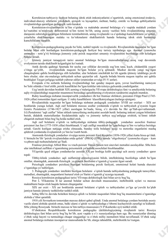 chiqishi vaqti hisobga olinadi. eshitish yoki ko’rish qobiliyatini yo’qotish vaqti alohida ahamiyatga ega. anomal bolaning rivojlanishi normal boladan ko’ra ko’proq darajada o’qitishga bog’liq. shuning uchun anomal bolalar o’qitilmasa yoki o’qitish kech boshlansa uning rivojlanishiga jiddiy zarar yetkaziladi, psixik funktsiyalarning shakllanishi ortda qoladi, normal tengdoshlaridan ortda qolishi darajasi oshadi, nuqsonlar o’ta jiddiy bo’lsa aqliy rivojlanishi imkoniyatlari yuzaga chiqmay qolishi mumkin. maxsus didaktikaning markaziy muammosi mehnat ta’limi va tarbiyasini tashkil etish masalasi hisoblanadi. maxsus maktablarda uni tashkil etish alohida ahamiyatga ega. binobarin, ushbu jarayonda o’quvchilar ijtimoiy hayot, shuningdek, imkoniyat darajasida kasbiy faoliyatga tayyorlash buzilgan funktsiyalarini tiklash, shuningdek, aqliy va jismoniy rivojlanish nuqsonlarining darajasini pasaytirishga yordam beradi. 2. anomal bolalarni tarbiyalash - korrektsion pedagogikaning asosiy tushunchasi bo’lib, uning maqsad va vazifasi nuqsonning darajasi va tuzilishiga mos keladigan metod hamda vositalar yordamida anomal bolalarni faol ijtimoiy hayot va mehnatga tayyorlash, ularda fuqarolik sifatlarini shakllantirishdan iborat. anomal bolalarni tarbiyalash oila va ta’lim muassasasi o’rtasidagi yaqin …