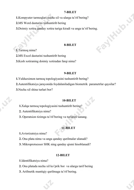 tok manbayining vazifasi nima? 15-bilet 1.virusning qanday turlari bor? 2. elektron raqamli imzo nima? 3. manipulator nima vazifani bajaradi? 16-bilet 1.printer nima va uning turlarini tariflang. 2. html qanday til hisoblanadi va undagi teglarga misollar keltiring 3. ovoz kartasi nima? 17-bilet 1.antiviruslarning qanday turlari bor? 2.ma’lumotlar bazasi nima? 3.tizimli blok nima vazifani bajaradi? 18-bilet 1. 3d printerlar haqida ma’lumot bering 2. kabel turlari necha xil bo’ladi? 3.videokarta nima vazifasini tushuntirib bering 19-bilet 1. monitorlarning qanday turlari bor tariflang? 2.fayl formatlariga misollar keltiring? 3.mikroprosessorning asosiy xususiyatlar qaysilar 20-bilet 1. bios nima va uning vazifasini tushuntirib bering. 2. drayver nima? 3.mikroprosessorlar guruhlari qaysilar? 21-bilet 1. dispetcher zadachaning vazifasi nima? 2.operatsion tizim nima va uning qanday turlarini bilasiz? 3.drayver nima? 22-bilet 1.xalqa tarmoq topologiyasini tushuntirib bering? 2.videokarta nima ? 3.ma’lumotlarni qayta ishlash vositalari qaysilar? 23-bilet 1.router nima vazifani bajaradi? 2.tarmoq topologiyasi ga ta’rif bering. 3.ms excel dasturiga tarif bering. exceldagi funksiyalarga misollar keltring. …