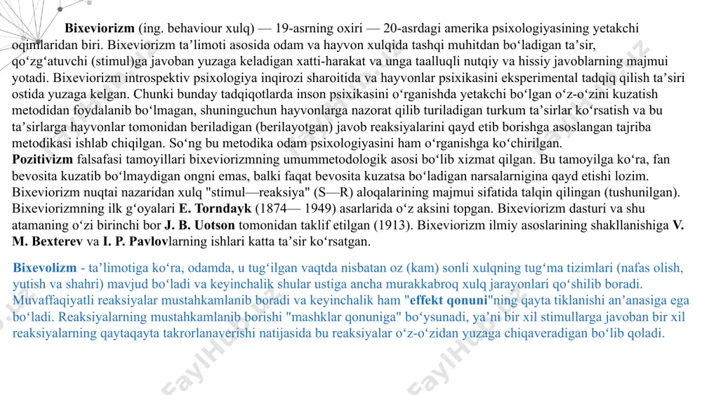 ykabosn, klod levi-strauss, roland bart, jak lakan, mishel fukolar edi. ongsiz strukturalizm vyursburg maktabi - 20-asr boshlarida psixologiya va falsafada yuzaga kelgan yoʻnalish. asoschisi — vyursburg universiteti (germaniya) prof. oswald külpe. uning rahbarligida k. byuler, n. ax, a. messer, o. zels, k. marbe, g. uott kabi taniqli psixologlar ijod etganlar. vyusburg maktabi vakillari tafakkur va iroda xususiyatlariga taalluqli muammolar bilan mashgʻul boʻlgan. tadqiqot uslubiyati oʻz-oʻzini eksperimental kuzatishdan iborat. uning mohiyati qoʻyilgan savollarga sinaluvchi javob berish bilan chegaralanmasdan, balki bu jarayonda yuz bergan his-tuygʻularini ham izohdab berishini taqozo etardi. eksperiment-tajribalar uchun ataylab mutaxassis psixologlar tanlab olingan. vyusburg maktabi tafakkurni voqeiy olam hissiy timsoli, nutq bilan bogʻlanmagan ruhiy hodisa sifatida talqin qiladi. vyusburg maktabi geshtaltpsixologiyaga taʼsir koʻrsatdi. vyusburg maktabi 1901—1909 yillarda faoliyat koʻrsatib, soʻngra tarqalib ketdi. fransuz maktab psixologiyasining otasi alfred bine bo`lib, u bu sohada 1894 yildan ish boshlagan. 1905 yilda fransiya ta’lim vazirligi binega umumiy dastur bo`yicha o`qiy olmaydigan bolalarni …