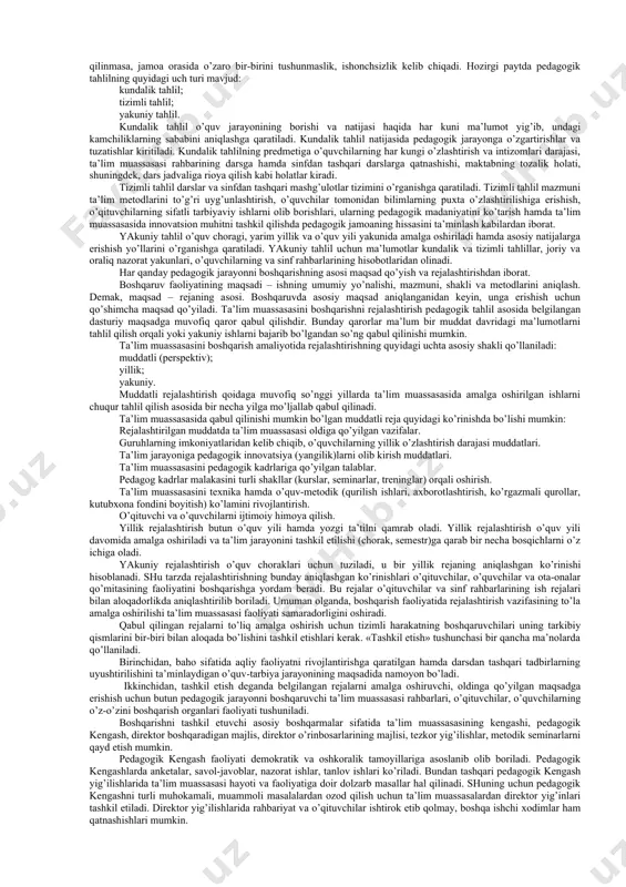 ilinadi. davlat ta’lim muassasalari bilan bir vaqtda nodavlat ta’lim muassasalarining faoliyat ko’rsatishi ham ta’limni boshqarishning jamoatchilik xarakterini ifodalaydi. umumiy o’rta ta’lim maktabi, akademik litsey va kasb-hunar kollejlari haqidagi nizom, ta’lim muassasasalarining ustavi – ta’lim muassasalarini boshqarish va unga rahbarlik qilishning asosiy hujjati. o’zbekiston respublikasining «umumiy o’rta ta’lim to’g’risida»gi nizomi o’zbekiston respublikasi vazirlar mahkamasining 1998 yil 13 maydagi 203-sonli qaroriga muvofiq qabul qilingan. ushbu nizomda quyidagi masalalar yoritilgan: umumiy qoidalar. umumiy o’rta ta’limning maqsadi va vazifalari. umumiy o’rta ta’limni tashkil etish. o’quv-tarbiya jarayonini tashkil etish va uning mazmuni. pedagog kadrlarni tayyorlash, qayta tayyorlash va ularning malakasini oshirish. umumiy o’rta ta’limni boshqarish. mablag’ bilan ta’minlash va moddiy-texnika ta’minoti. xalqaro hamkorlik. nizomga asosan, umumiy o’rta ta’limning maqsadi o’quvchilarni davlat ta’lim standartlariga muvofiq o’qitish va tarbiyalash hamda shaxsning ta’lim olish huquqini ro’yobga chiqarish hisoblanadi. umumiy o’rta ta’lim mazmunini yoritish nizomning asosiy g’oyalaridan biri bo’lib, majburiy va qo’shimcha komponentlar umumiy o’rta ta’lim mazmunining asosini tashkil …