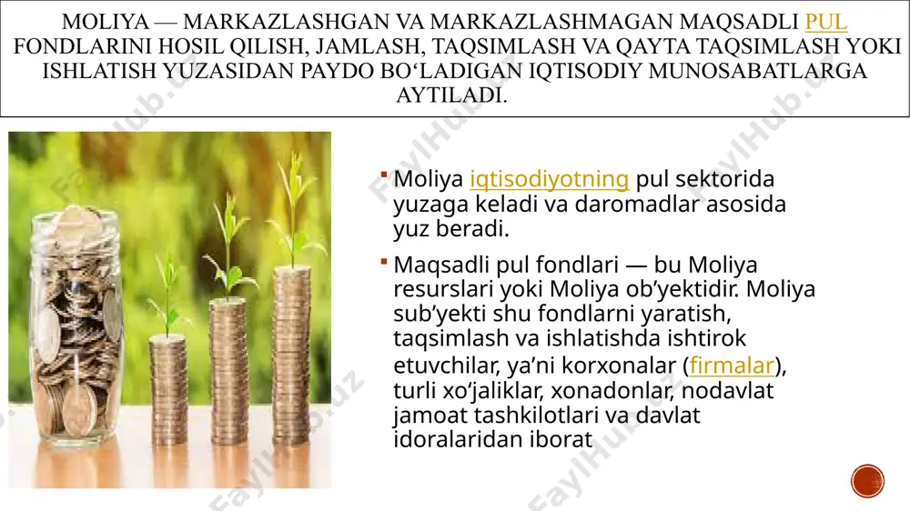 z oluvchi yoki kreditor sifatida maydonga tushadigan barcha moliyaviy – iqtisodiy munosabatlar yig`indisi. davlat krediti qo’shimcha pul emissiyasi tashqi qarz bunda davlat qarz oluvchi (kreditor) sifatida chiqadi, ya’ni davlat zayom obligatsiyalarini chiqarish orqali iqtisodiyot sub’ektlarining moliyaviy resurslarini jalb qiladi. bunda markaziy bank muomalaga tovar hajmining ko’payishi bilan qoplanmagan qo’shimcha pul massasini chiqaradi. pul massasining o’sishi jamiyat real boyligining ko’payishi bilan birga bormasligi tufayli inflyatsion jarayon kuchayadi xalqaro kredit rivojlangan sharoitda davlat o’ziga zarur moliyaviy resurslarni milliy chegaradan tashqaridagi manbaalardan jalb qilishga harakat qiladi. tashqi qarzlar milliy daromadning foiz to’lovlari shaklida chetga chiqib ketishiga sabab bo’ladi. davlat qarz majburiyatlarini to’lash vaqtini kechiktirish usullari: qisqa muddatli majburiyatlarini, o’rta va uzoq muddatli zayomlarga almashtirish qisqa muddatli majburiyatlarini ancha yuqori foiz bo’yicha yangi, uzoq muddatli zayomlar chiqarish hisobiga sotib olish 16 16 byudjet taqchilligini qoplash (moliyalashtirish) manbalari korxonalar moliyasi turli mulkchilikka asoslangan korxonalar, firmalar, tashkilot va muassasalar moliyasi tarmoqlar moliyasi tarmoq xususiyatiga ega bo’lgan …