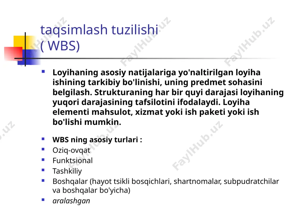 rni ko'rsatmaslik, tsikllar va tsikllarga ruxsat bermaslik. bu loyihani amalga oshirish jarayonining tashkiliy va texnologik modelidir. tarmoq diagrammalarining turlari ustunlik diagrammalarini qurish usuli precedence diagramming method (pdm) , shuningdek, "ish-to-top" tarmog'i deb ham ataladi , bu ish joylari "cho'qqilar" bilan ifodalangan tarmoq diagrammalarini qurish usulidir. faoliyatlar bajarilishi kerak bo'lgan ketma-ketlikni ko'rsatish uchun ustuvorlik tartibida bog'liqliklar bilan bog'langan. tarmoq diagrammalarining turlari tarmoq modellarini qurish usuli tarmoq modellarini qurish usuli (arrow diagramming method (adm)) , shuningdek , tugun-hodisalar tarmog'i deb ham ataladi , bu tarmoqni rejalashtirish usuli bo'lib, unda ish yoylar (strelkalar) shaklida ifodalanadi. yoyning "dumi" ishning boshlanishini va "nuqta" - oxirini ko'rsatadi (ishning taxminiy davomiyligi yoy uzunligiga mos kelmaydi). ishlar turli ishlarni bajarish kerak bo'lgan ketma-ketlikni ko'rsatish uchun cho'qqilar (tugunlar) deb ataladigan nuqtalarda ulanadi. bugungi kunda u "ish-top" ga qaraganda kamroq qo'llaniladi. vazifa: ma'lumotlardan tarmoq grafigini qurish ish darhol oldingi ish vaqt, kunlar a - 8 b - 10 c - …
