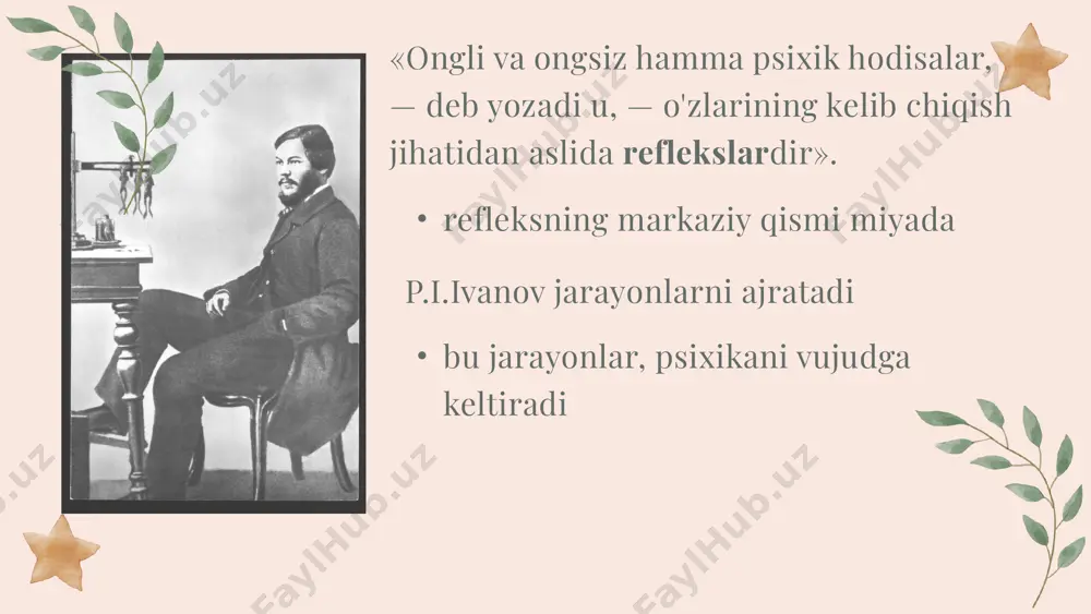 lar doimiy bo'ladi, shartli reflekslar esa susayishi yoki so'nishi mumkin qo‘ng‘iroq chalish (shartli qo'zg'ovchi) bir necha marta takrorlangandan keyin ayni vaqtda ovqat (shartsiz qo‘zg‘ovchi) berilmasa, somak ajralishi kamayadi, susayadi va nihoyat, butunlay to‘xtaydi. ahamiyati organizm shartsiz reflekslar yordamida tevarak-atrofdagi muhit bilan doimo bog`lanib turadi. shartli reflekslarda esa o‘zgarib turuvchi muhit bilan yangi, muvaqqat bog`lanishlar vujudga keladi. agarda o`zgarmasa shartsiz reflekslar agarda o`zgarsa shartli reflekslar shuning uchun ham tashqi muhit tez o‘zgarganda quyi darajadagi hayvonlar, shuningdek, hasharotlar nobud bo`ladi shartli reflekslar hosil bo`lganligi tufayli, shartsiz reflekslar hali shartsiz qo‘zg‘ovchilar yuz bermasdan ancha oldin voqe bo`laveradi, hatto bu shartsiz qo‘zg‘ovchilar uzoq joyda yuz bergan hollarda ham voqe bo`laveradi, shartli qo‘zg‘ovchi hayvon hayoti uchun muhim bo`lgan biron-bir hodisa haqida, masalan, ofat borligi, xavf-xatar tug`ilganligi haqida signal beradi. miya po‘stining faoliyatiga signal faoliyati malaka odatlar shartli reflekslar nerv-fiziologik asos nerv faoliyati qonuniyatlari shartli reflekslar metodi analiz sintez foydali yoki zararli komplekslarga birlashtirishdan «sintez — …