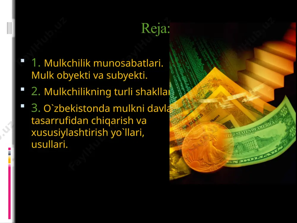 lar tomonidan moddiy va ma`naviy boyliklarni xamjixatlik bilan o`zlashtirish.buning abzallig tomoni shundaki ishlab chiqarish vositalari va mexnat maxsuliga ayrim shaxslar emas, ma`lum gurux kishilari egalik qiladi. bunga: koorperetivlar, ijara va jamoa korxonalari, aksionerlar jamiyati va shirkatlarning jamoa tashkilotlari, daniy tashkilotlarning mulklari kiradi. 12 shaxsiy mulk. fuqarolar mulki bo`lib, ularning shaxsiy yoki oilaviy extiyojlarini qondirishga xizmat qiladi. xususiy mulk. yollanma mexnatga asoslangan va o`z egasiga foyda keltiradigan mulk. qonunda xususiy mulki bo`lgan, mol-mulkining miqdori va qiymati cheklanmasligi belgilangan. o`zbekistonda mulkni davlat tasarrufidan chiqarish xususiylashtirish yo`llari va usullari. mulkni davlat tasarrufidan chiqarish va xususiylashtirish mulkchilikning rivojlanishiga to`sqinlik qilayotgan davlatning monopol xukmronligiga chek qo`yib jamiyatda faollik ko`rsatayotgan erkin tadbirkorlik tashabbusiga keng yo`l va imkoniyatlar ochib berishidan iborat. xususiylashtirish davlat mulkini ma`lum darajada xaqiqiy egalariga- fuqarolarga berish demakdir. o`zbekistonda mulkni davlat tasarrufidan chiqarish xususiylashtirish dastur asosida bosqichma-bosqich amalga oshiriladi. 1992-1993-yllar xususiylashtirishning 1-bosqichini o`z ichiga olib, bu bosqichda xususiylashtirish jarayoni umumiy uy-joy fondini, savdo, maxalliy …