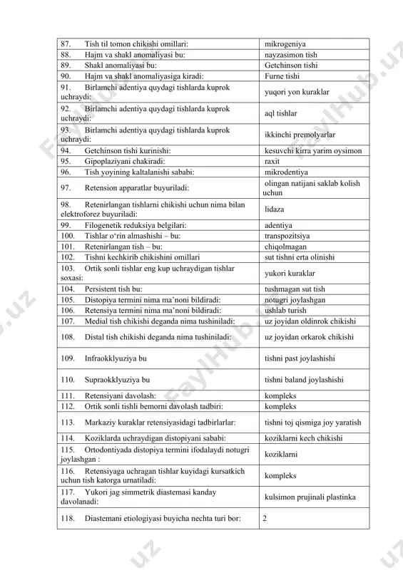 chraydi: yuqori yon kuraklar 92. birlamchi adentiya quydagi tishlarda kuprok uchraydi: aql tishlar 93. birlamchi adentiya quydagi tishlarda kuprok uchraydi: ikkinchi premolyarlar 94. getchinson tishi kurinishi: kesuvchi kirra yarim oysimon 95. gipoplaziyani chakiradi: raxit 96. tish yoyining kaltalanishi sababi: mikrodentiya 97. retension apparatlar buyuriladi: olingan natijani saklab kolish uchun 98. retenirlangan tishlarni chikishi uchun nima bilan elektroforez buyuriladi: lidaza 99. filogenetik reduksiya belgilari: adentiya 100. tishlar o‘rin almashishi – bu: transpozitsiya 101. retenirlangan tish – bu: chiqolmagan 102. tishni kechkirib chikishini omillari sut tishni erta olinishi 103. ortik sonli tishlar eng kup uchraydigan tishlar soxasi: yukori kuraklar 104. persistent tish bu: tushmagan sut tish 105. distopiya termini nima ma’noni bildiradi: notugri joylashgan 106. retensiya termini nima ma’noni bildiradi: ushlab turish 107. medial tish chikishi deganda nima tushiniladi: uz joyidan oldinrok chikishi 108. distal tish chikishi deganda nima tushiniladi: uz joyidan orkarok chikishi 109. infraokklyuziya bu tishni past joylashishi 110. supraokklyuziya …