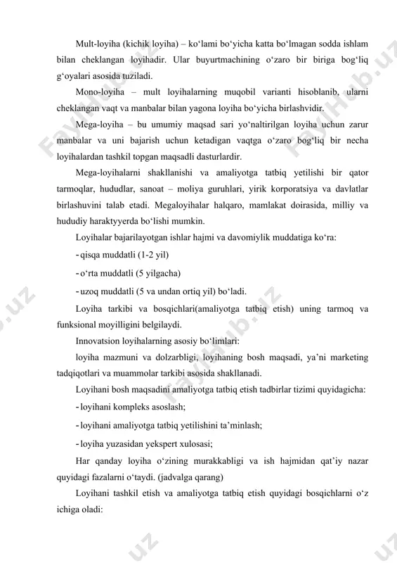 тадқиқотлари ва режалаштириш ҳужжатларни ишлаб чиқиш ва амалиётга татбиқ этишга тайёрлаш савдо-сотиқ амалга ошириш ва шартномалар имзолаш лойиҳани амалиётга татбиқ этиш лойиҳани якунлаш башоратни ўрганиш (прогнозлаш) лойиҳа қидирув ишлари режасини ишлаб чиқиш шартномалар тузиш лойиҳани амалга ошириш режасини ишлаб чиқиш ишга туширишга тайёргарлик ишлари бошланғич фикрлар шартлари таҳлили ва лойиҳа техник – иқтисодий асослаш, топшириқларни ишлаб чиқиш қурилмани йетказиб бериш шартномаси график ишлаб чиқиш обйектни ишга тушуриш концепциясини ишлаб чиқиш инвестицияни лойиҳа олди асослаш тиа тасдиқлаш, келишиш ва експертизадан ўтказиш пудрат ишлари шартномаси ишларни бажариш натижалар таҳлили ва манбаларини жалб этиш жойлаштириш: ўрнини танлаш ва келишув топшириқни лойиҳалаштиришга бериш режа тузиб чиқиш мониторинг ва назорат фойдаланиш екологик асослаш ишлаб чиқаришни келишиш ва тасдиқлаш - лойиҳа режасига тузатма киритиш ишлаб чиқаришни ривожлантириш ва таъмирлаш експертиза инвестициялаш юзасидан якуний қарор қабул қилиш - бажарилган ишларга ҳақ тўлаш лойиҳани ёпиш investitsion g‘oyani shakllantirish bosqichlari – bu o‘ylangan harakat rejasidir. bu bosqichda investitsiya obyyekti …